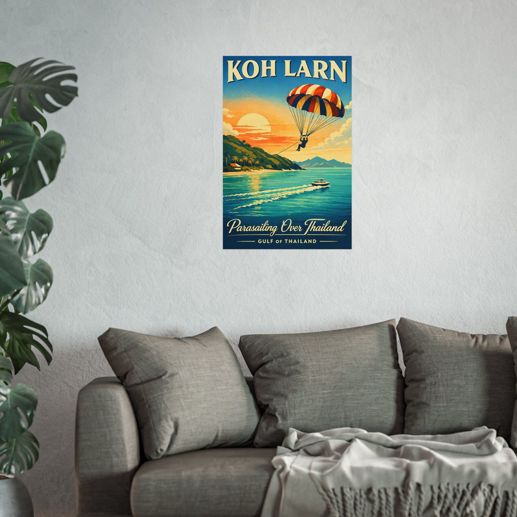 Koh Larn Parasailing Over Thailand Fine Art Poster — Retro Travel Print