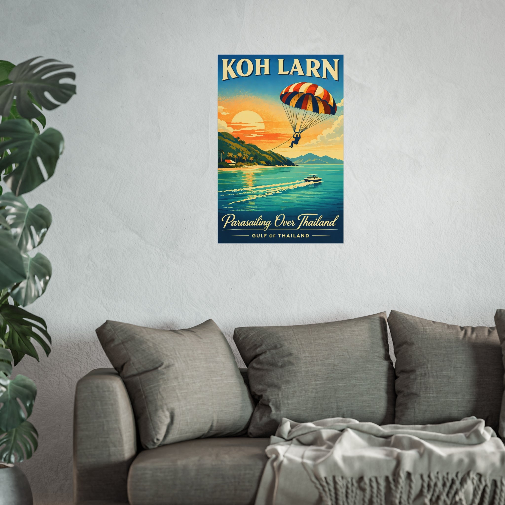 Koh Larn Parasailing Over Thailand Fine Art Poster — Retro Travel Print