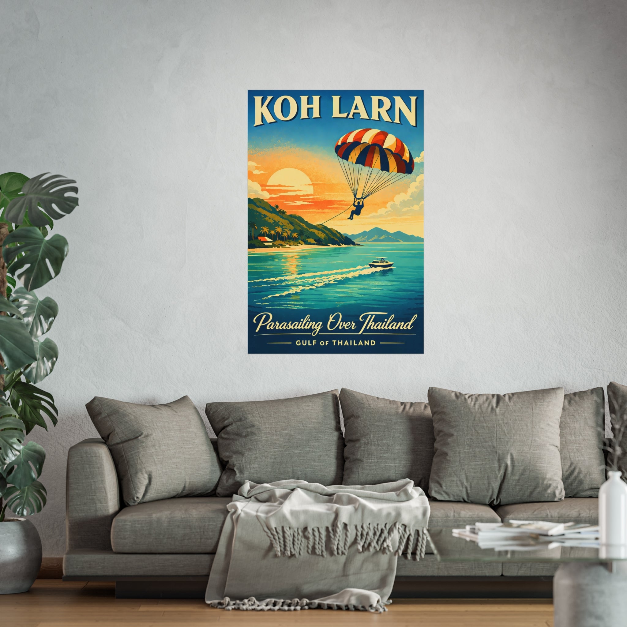 Koh Larn Parasailing Over Thailand Fine Art Poster — Retro Travel Print