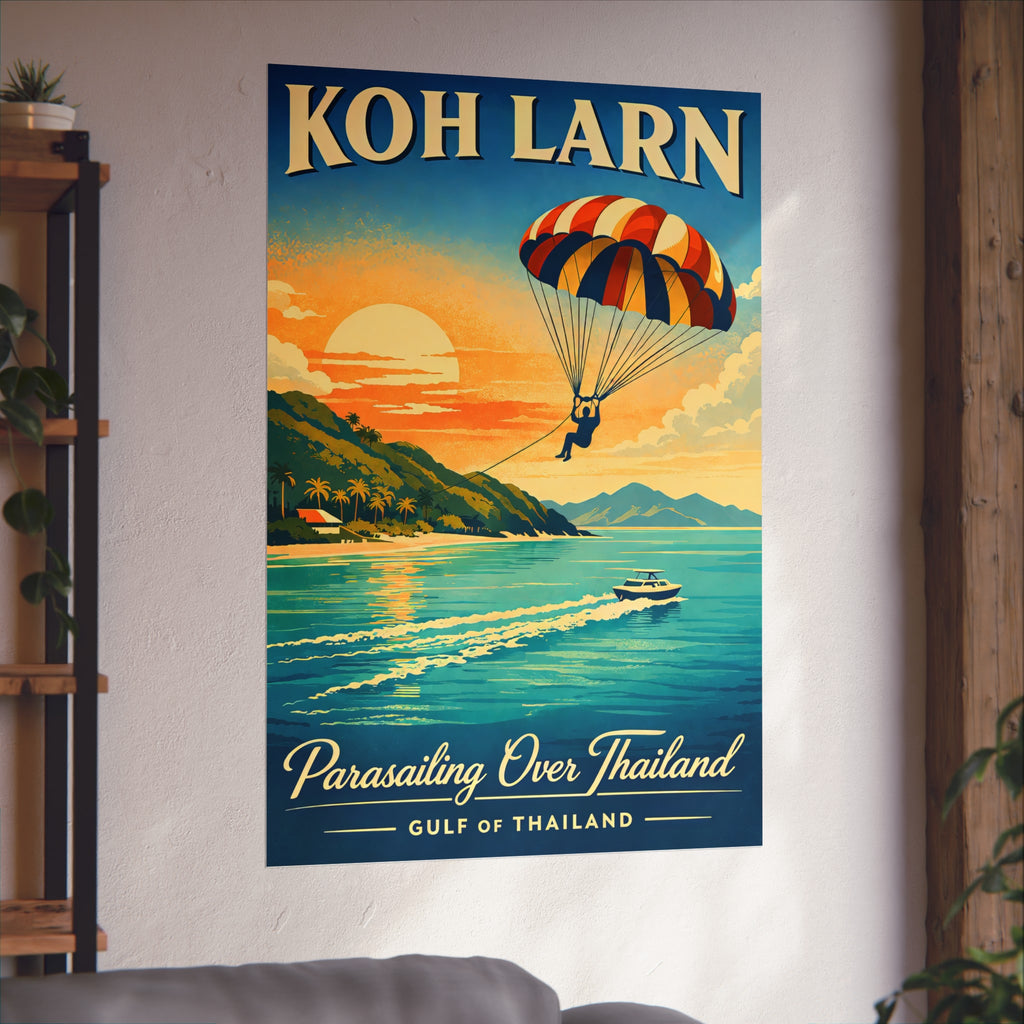 Koh Larn Parasailing Over Thailand Fine Art Poster — Retro Travel Print