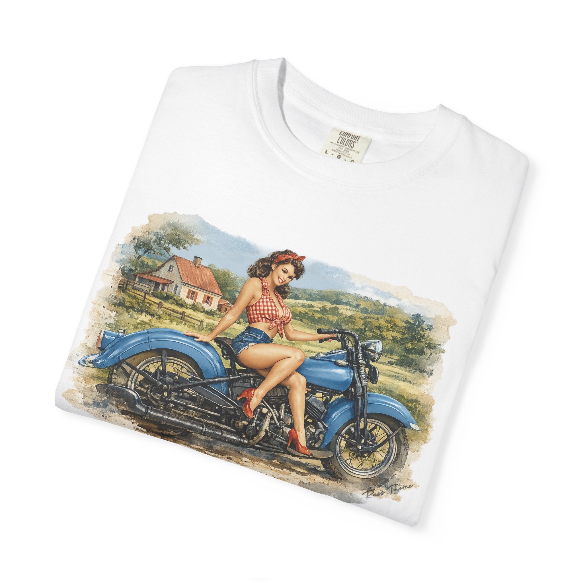 Pinup Art-Smiling farm girl perched on a classic blue Harley Davidson motorcycle