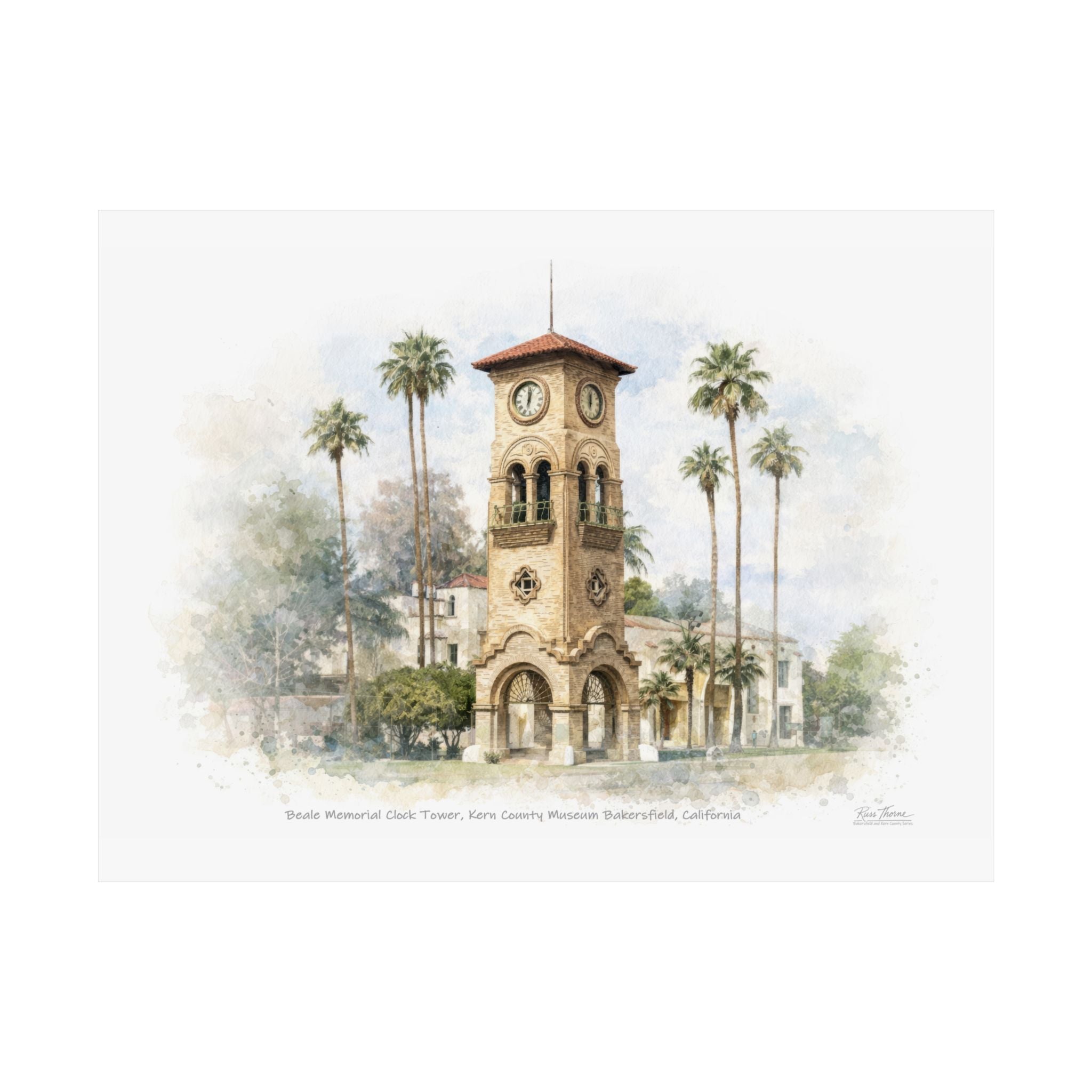 Beale Memorial Clock Tower, Kern County Museum – Bakersfield California Watercolor Print