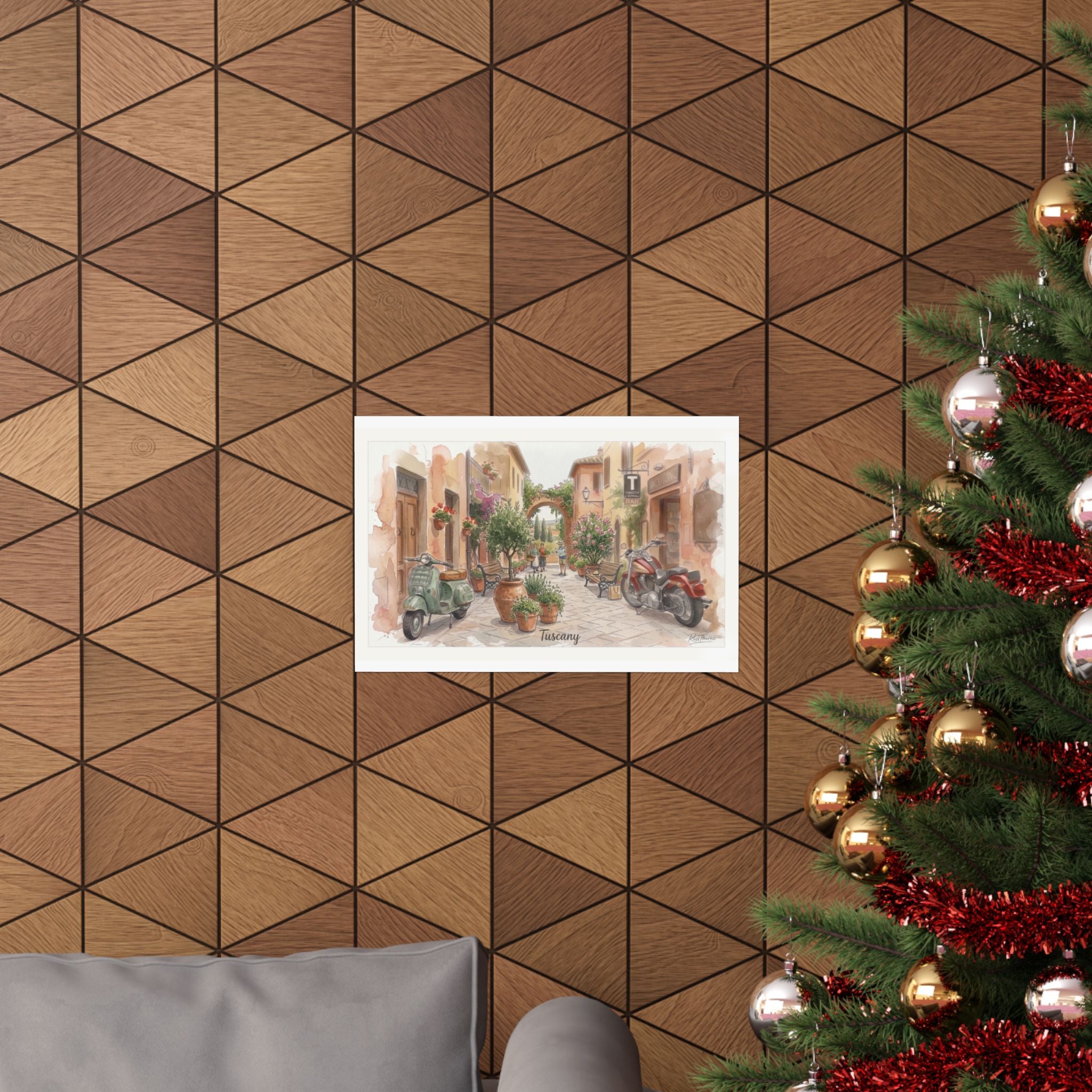 Tuscany Street Watercolor Print – Italian Village Scene with Vespa & Motorcycle by Russ Thorne