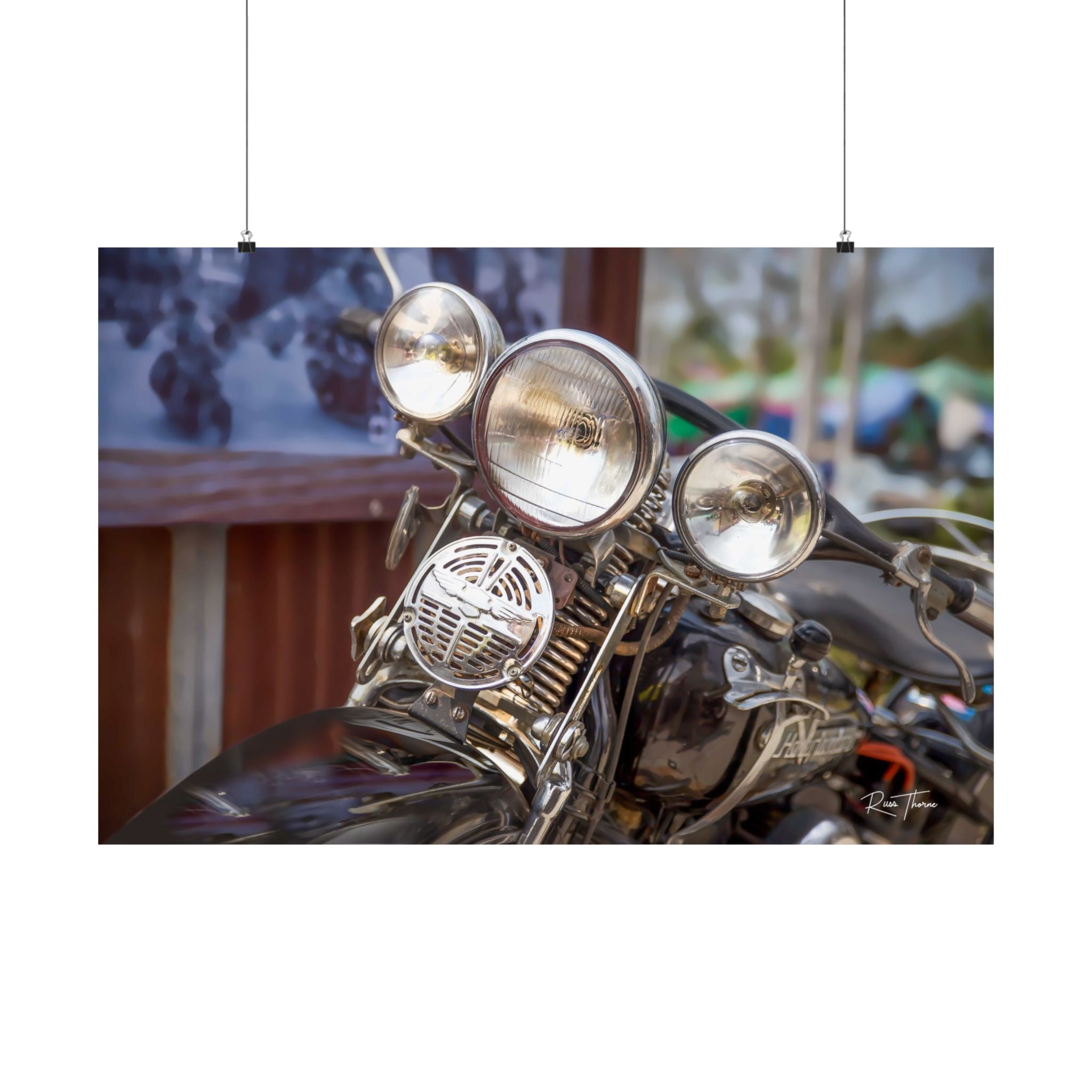 Vintage Motorcycle Headlights Satin Poster | Retro Bike Photography