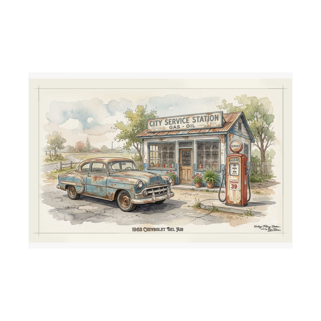 Vintage Gas Station Poster —vintage - 1953 Chevrolet Bel Air - Matte Horizontal Print