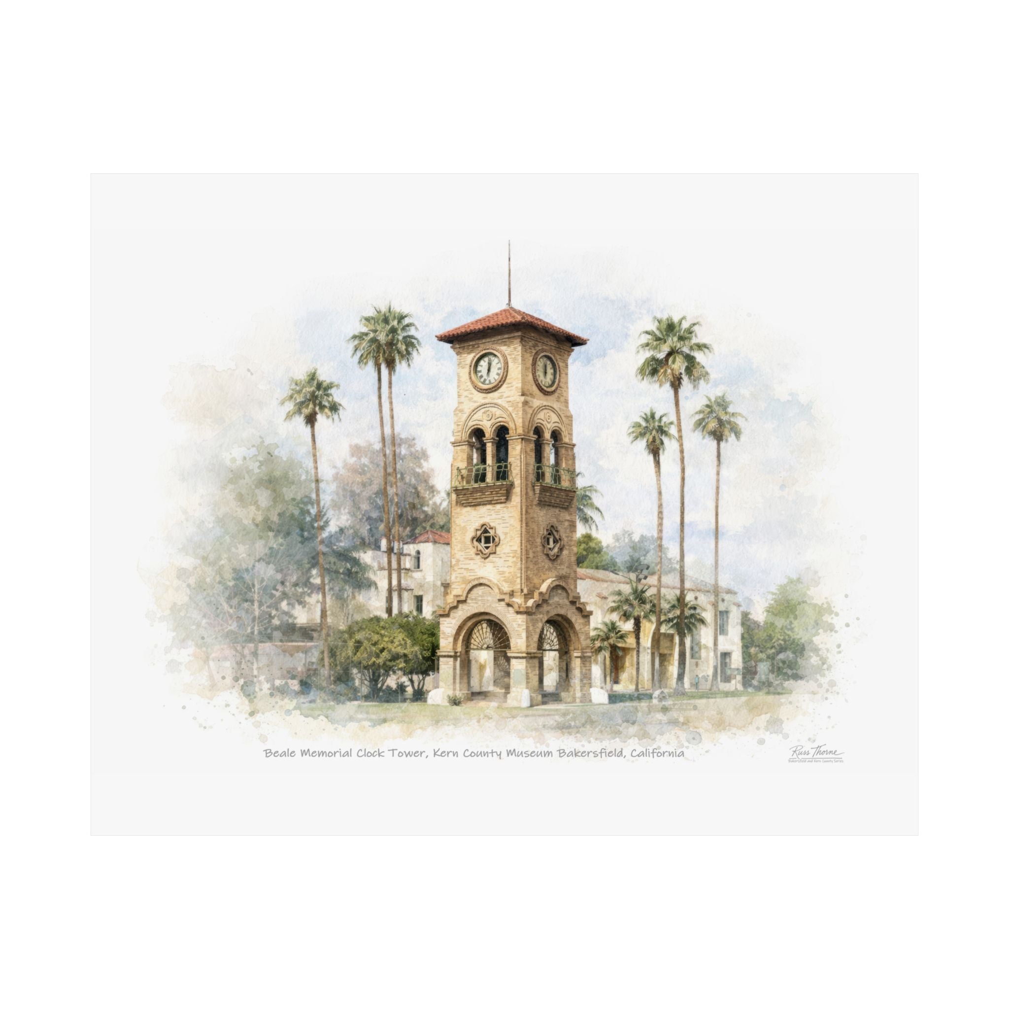 Beale Memorial Clock Tower, Kern County Museum – Bakersfield California Watercolor Print