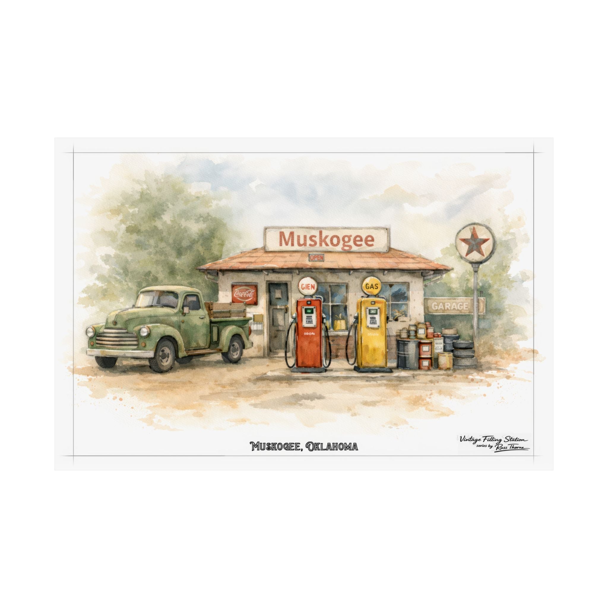 Muskogee Vintage Gas Station Matte Poster — Horizontal Retro Oklahoma Print