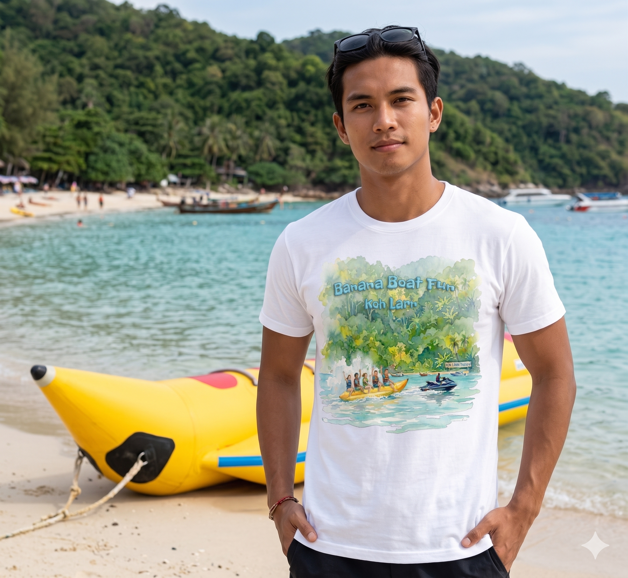 Banana Boat Fun at Koh Larn Pattaya – Premium Watercolor Art T-Shirt