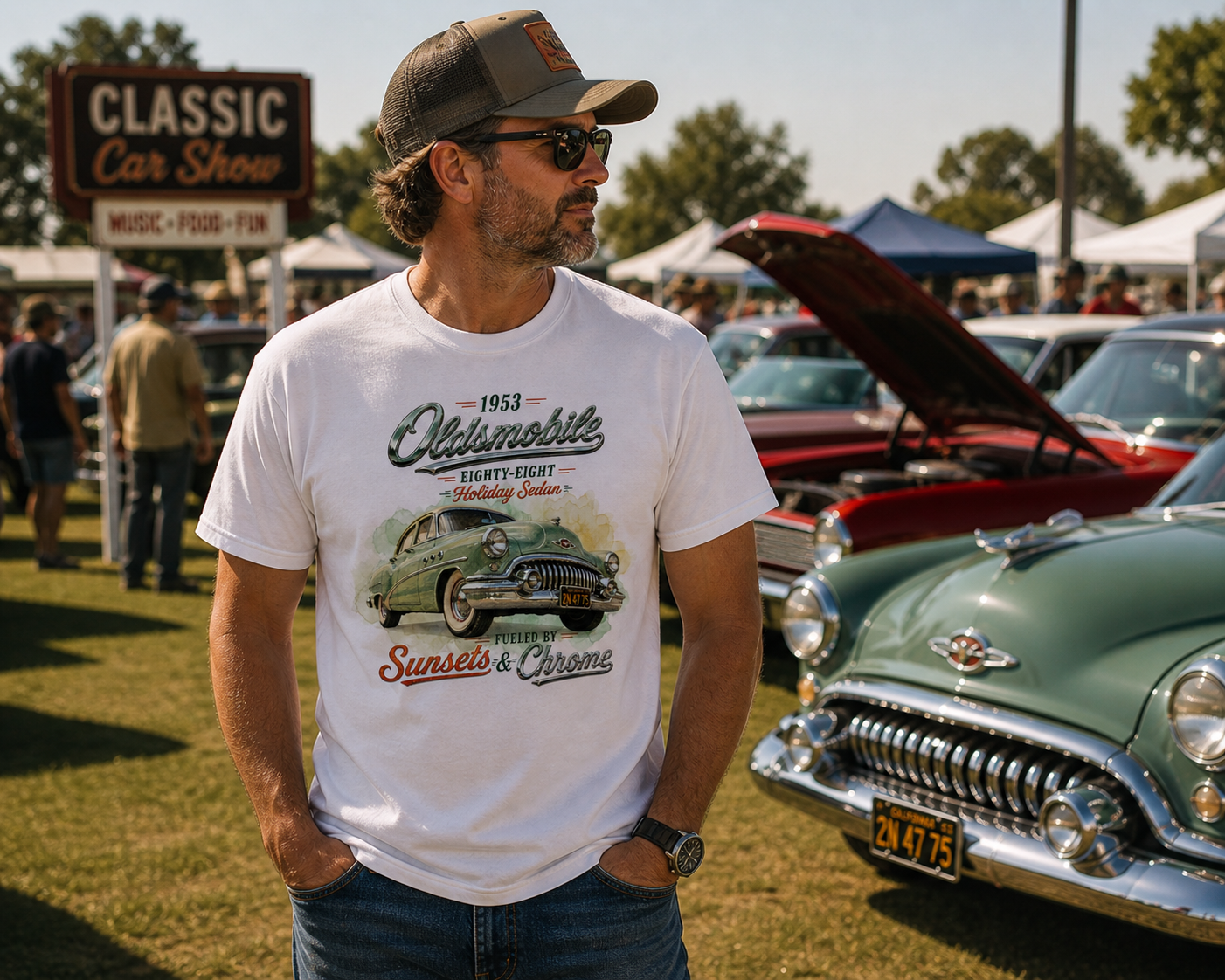 1953 Oldsmobile Eighty-Eight – Holiday Sedan   Sunsets & Chrome Vintage Car T-Shirt