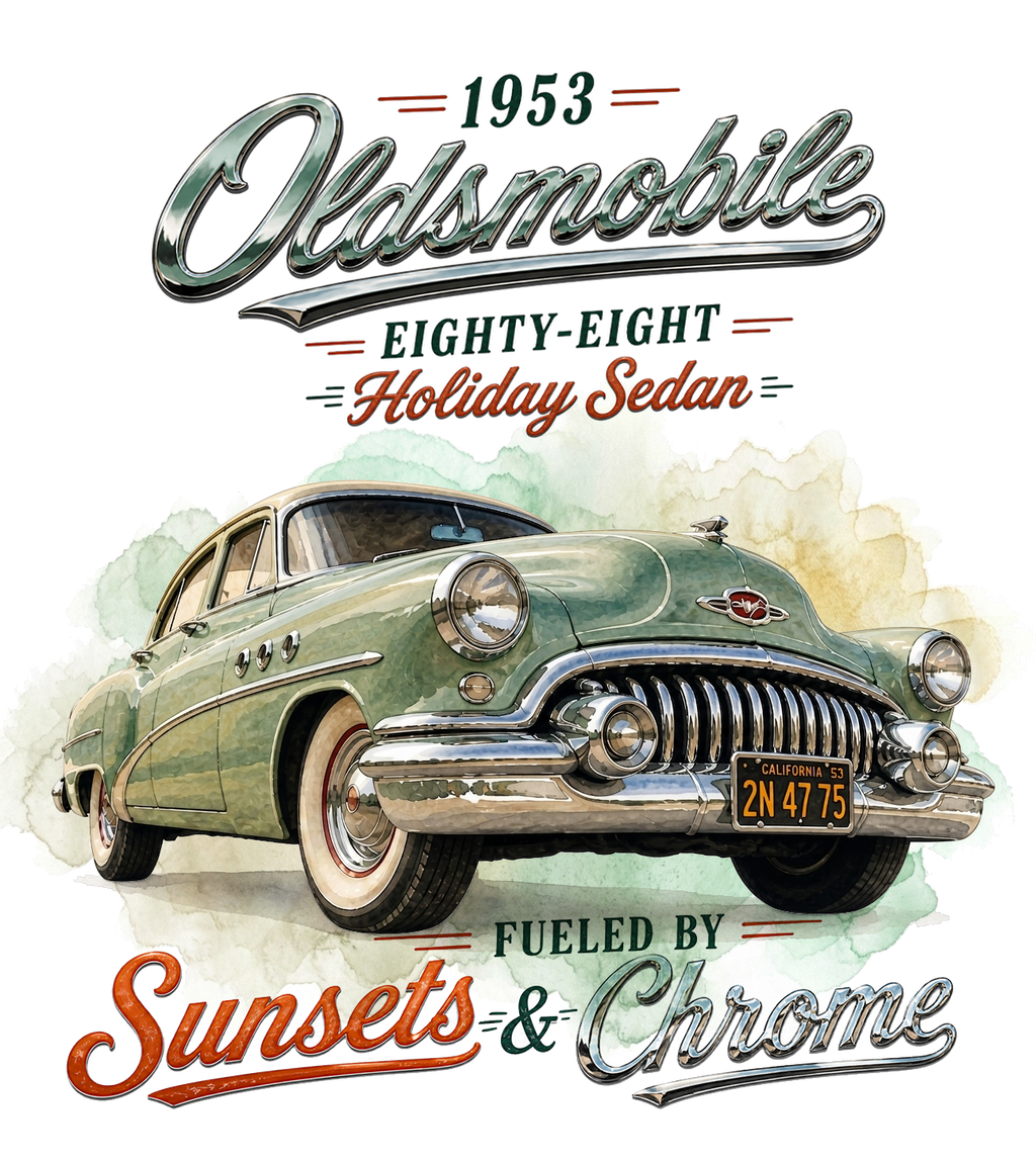 1953 Oldsmobile Eighty-Eight – Holiday Sedan   Sunsets & Chrome Vintage Car T-Shirt