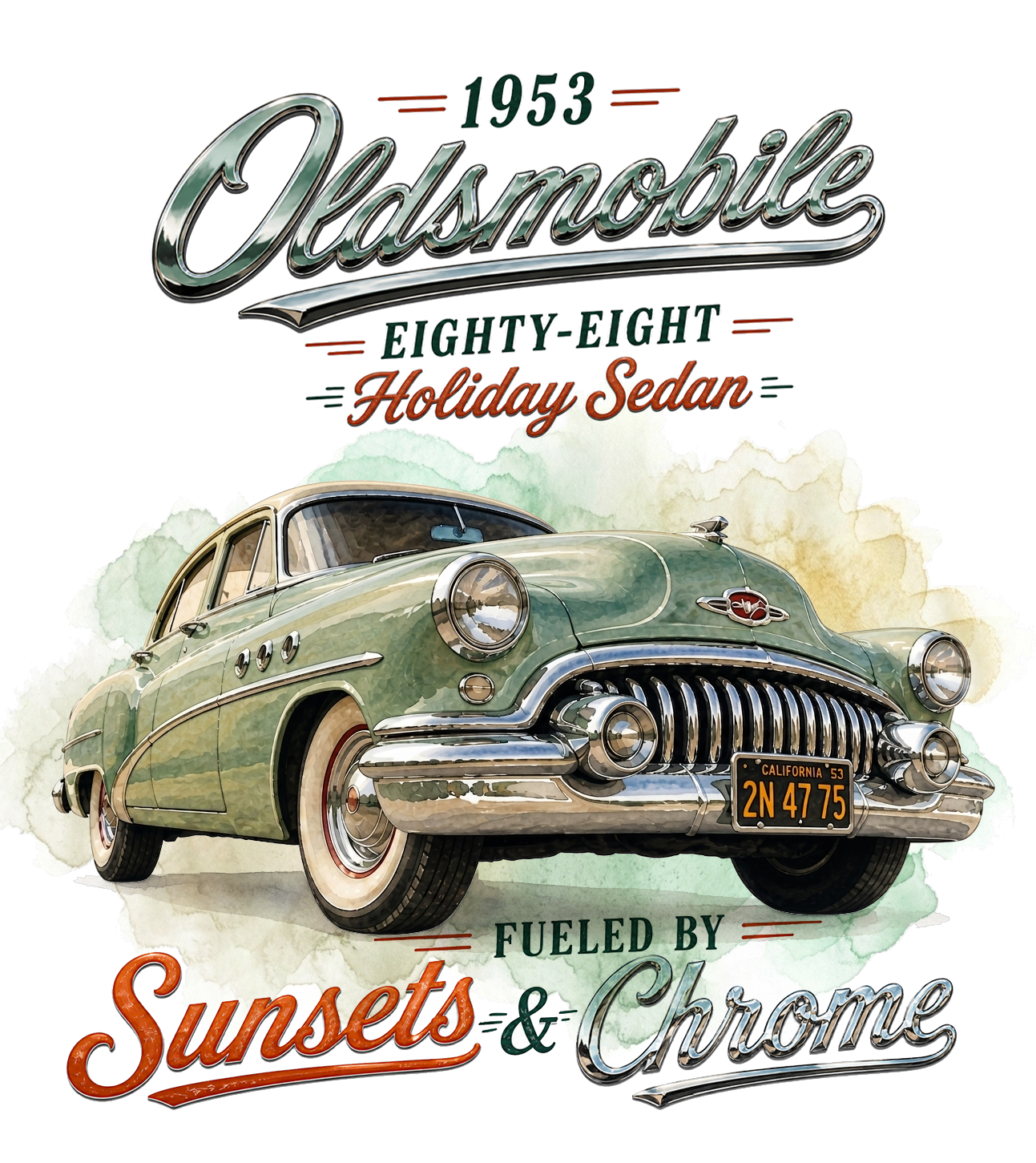 1953 Oldsmobile Eighty-Eight – Holiday Sedan   Sunsets & Chrome Vintage Car T-Shirt