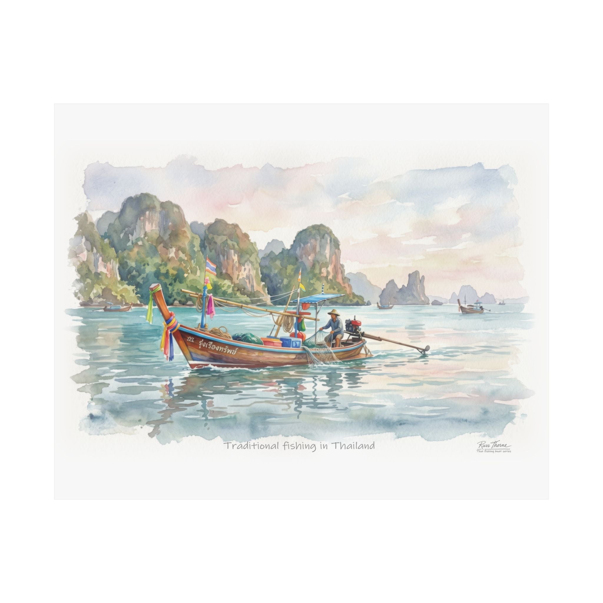 Traditional Thai Longtail Boat – Tropical Fishing Watercolor Art Print