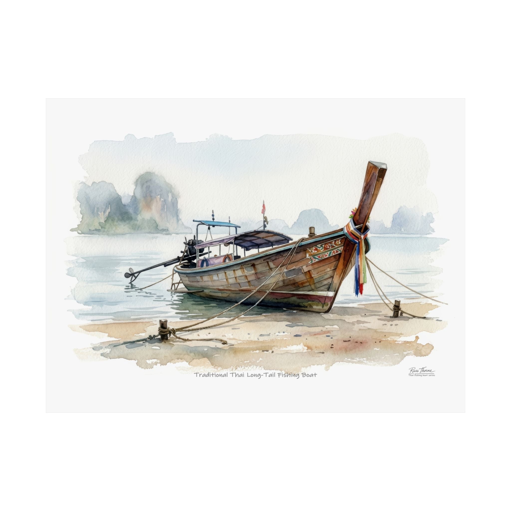 Thai Longtail Boat Watercolor – Traditional Island Fishing Boat Art Print