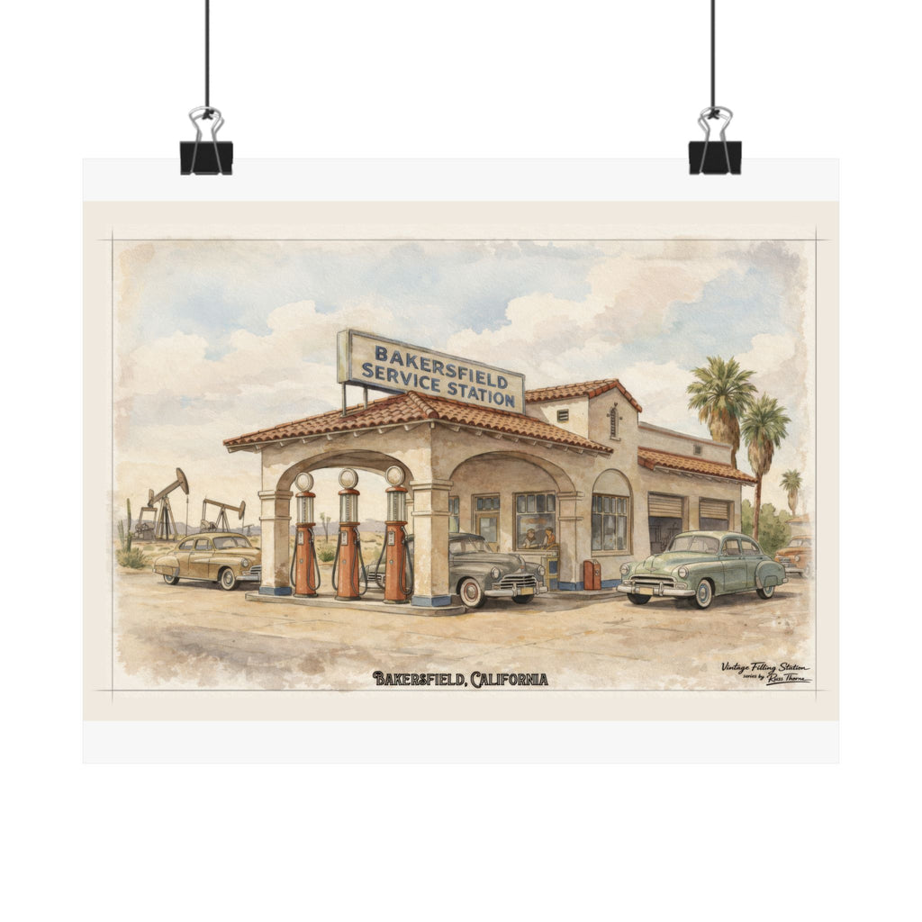 Bakersfield Service Station Vintage Poster — Matte Horizontal Retro Gas Station Wall Art