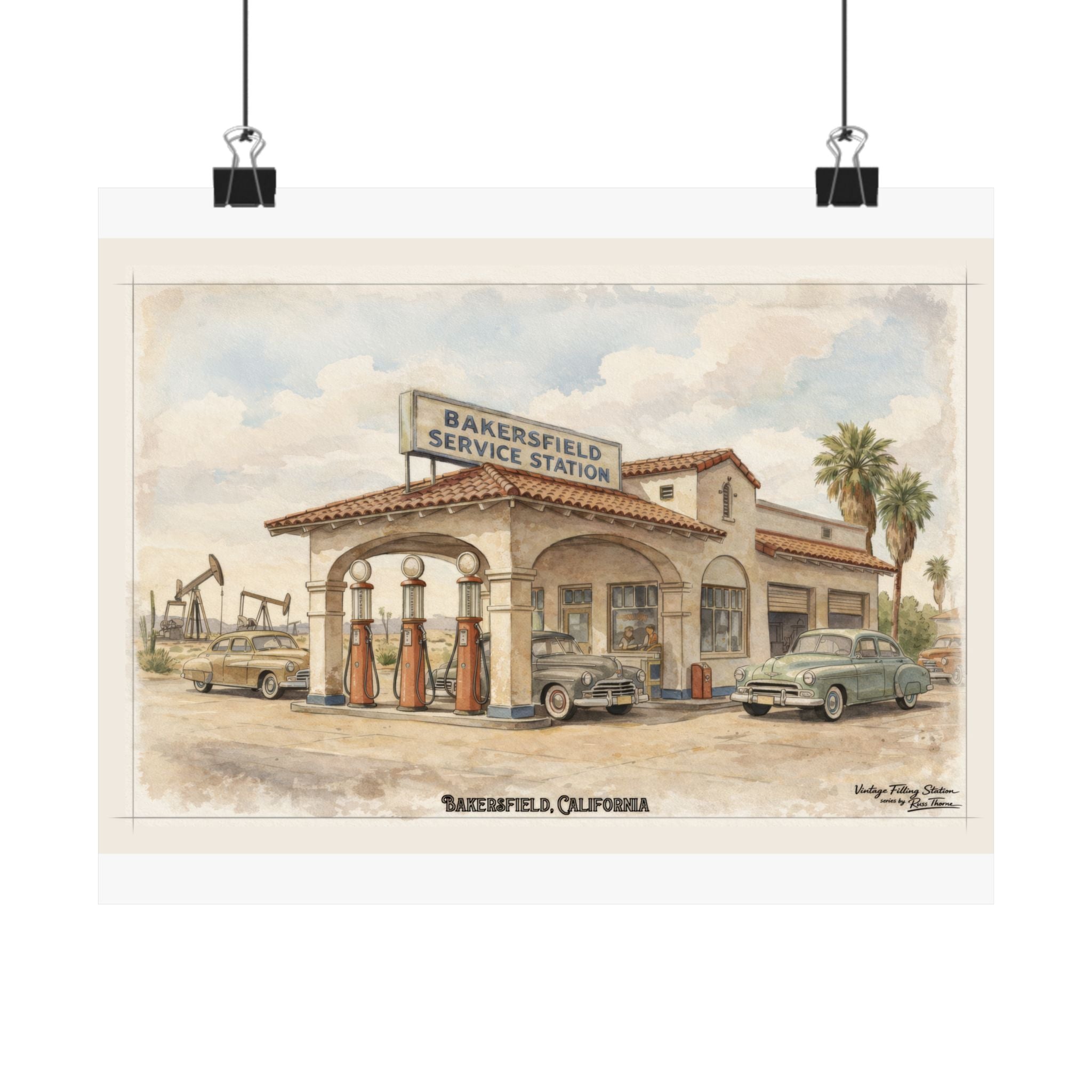 Bakersfield Service Station Vintage Poster — Matte Horizontal Retro Gas Station Wall Art