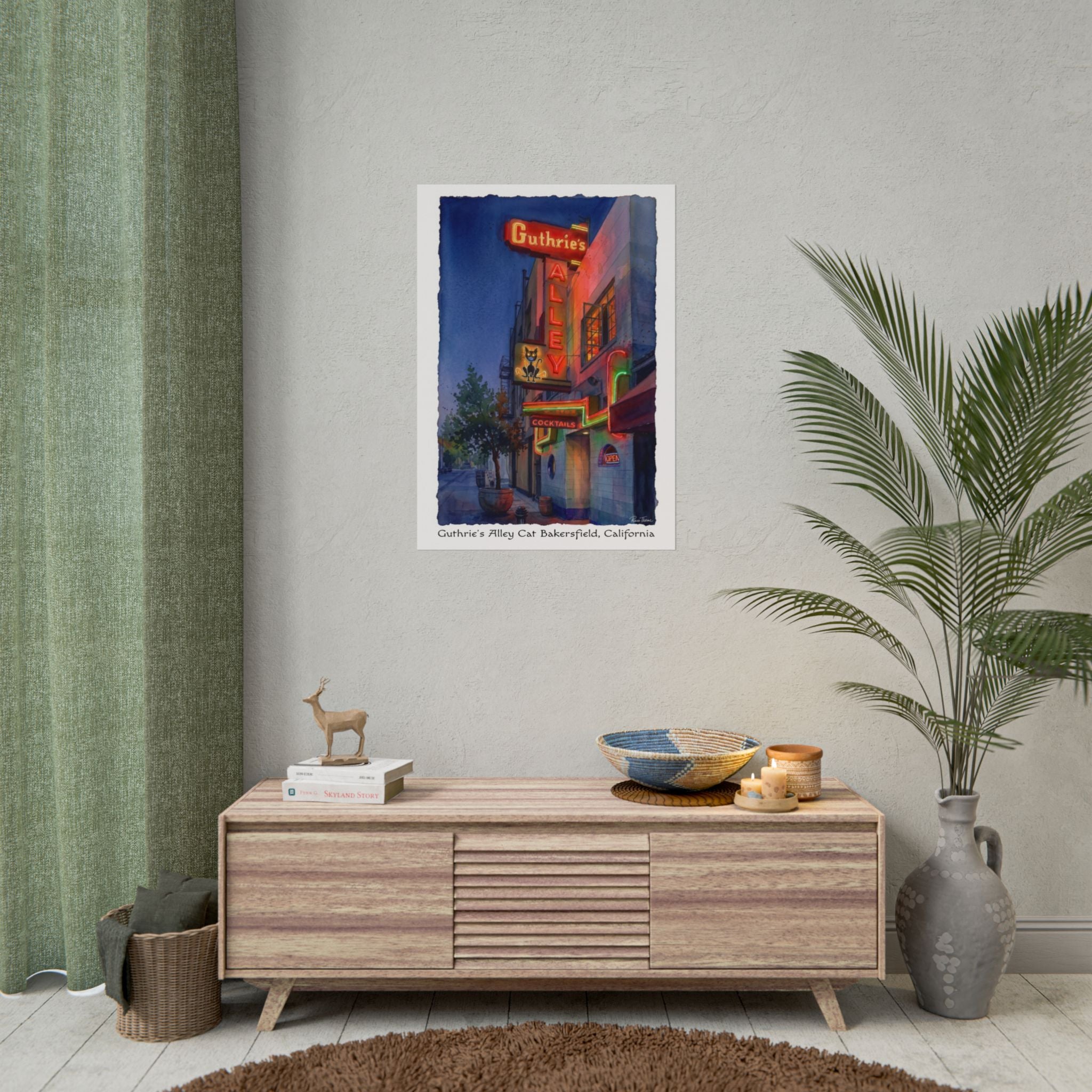 Neon & Nostalgia: The Guthrie’s Alley Cat Watercolor Print Evening Time