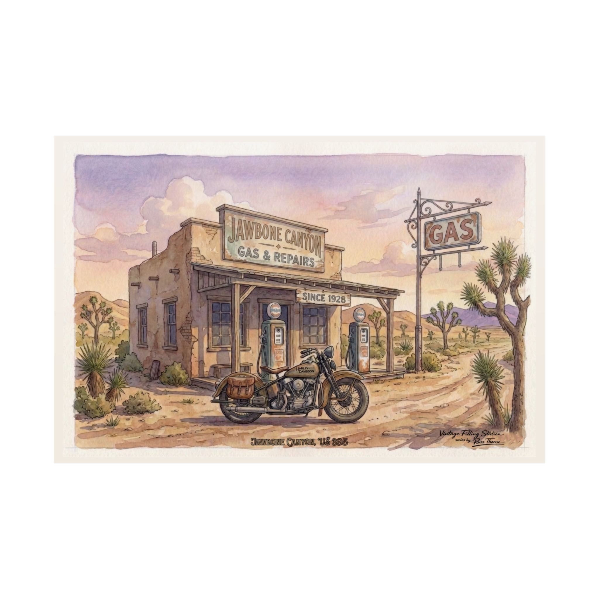 Vintage Desert Gas Station Poster — Jaw Bone Canyon  ---Retro Motorcycle Matte Horizontal Print