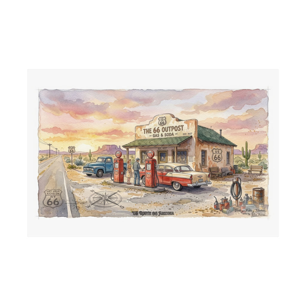 Route 66 Vintage Gas Station Poster — Matte Horizontal Wall Art