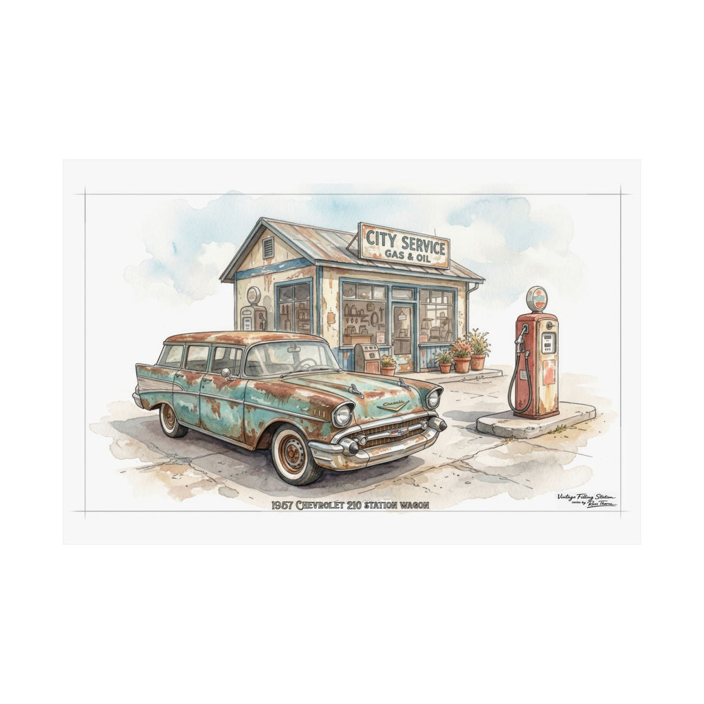 Vintage Gas Station Poster —1957 Chevrolet 210 station wagon-- Wall Art (Matte Horizontal)
