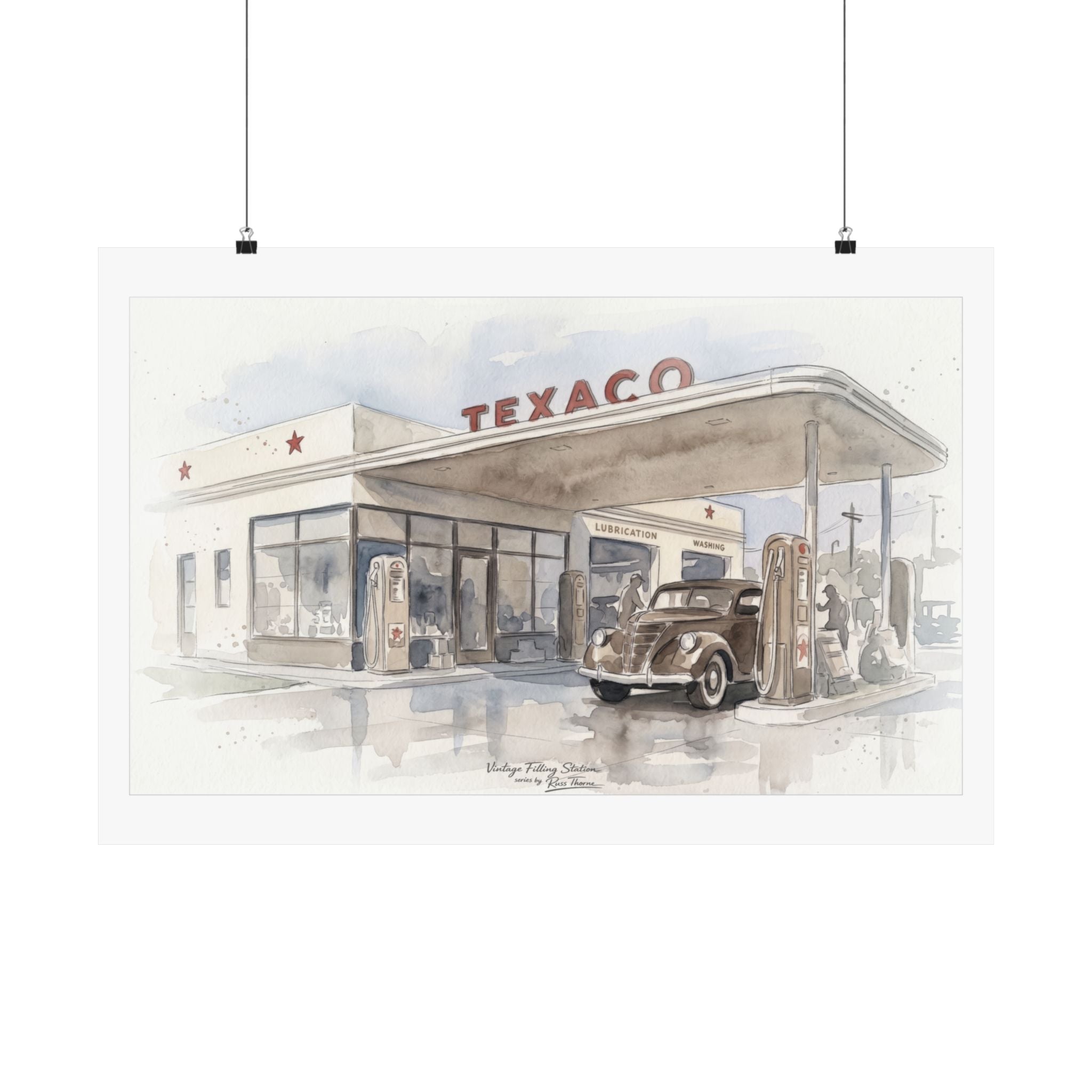 Vintage Texaco Gas Station Watercolor Print – Classic Americana Filling Station Art by Russ Thorne