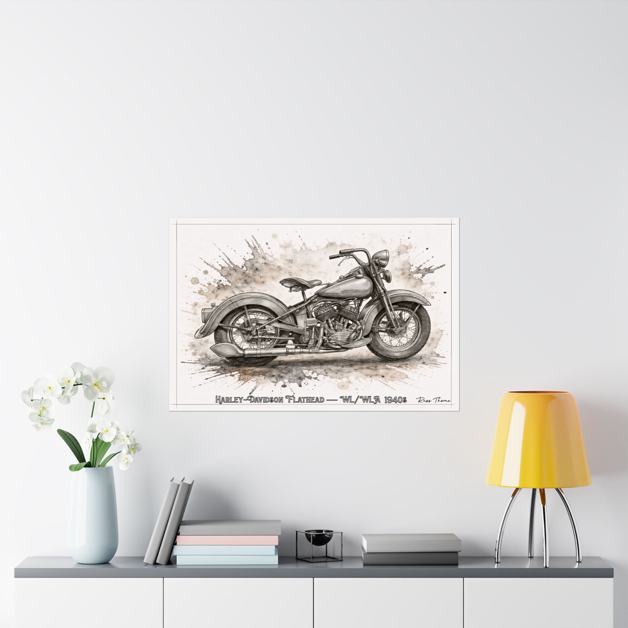 Vintage Harley-Davidson 1940s Flathead Motorcycle Poster — 1940s Harley Davidson Flat Head drawing Matte Horizontal Wall Art