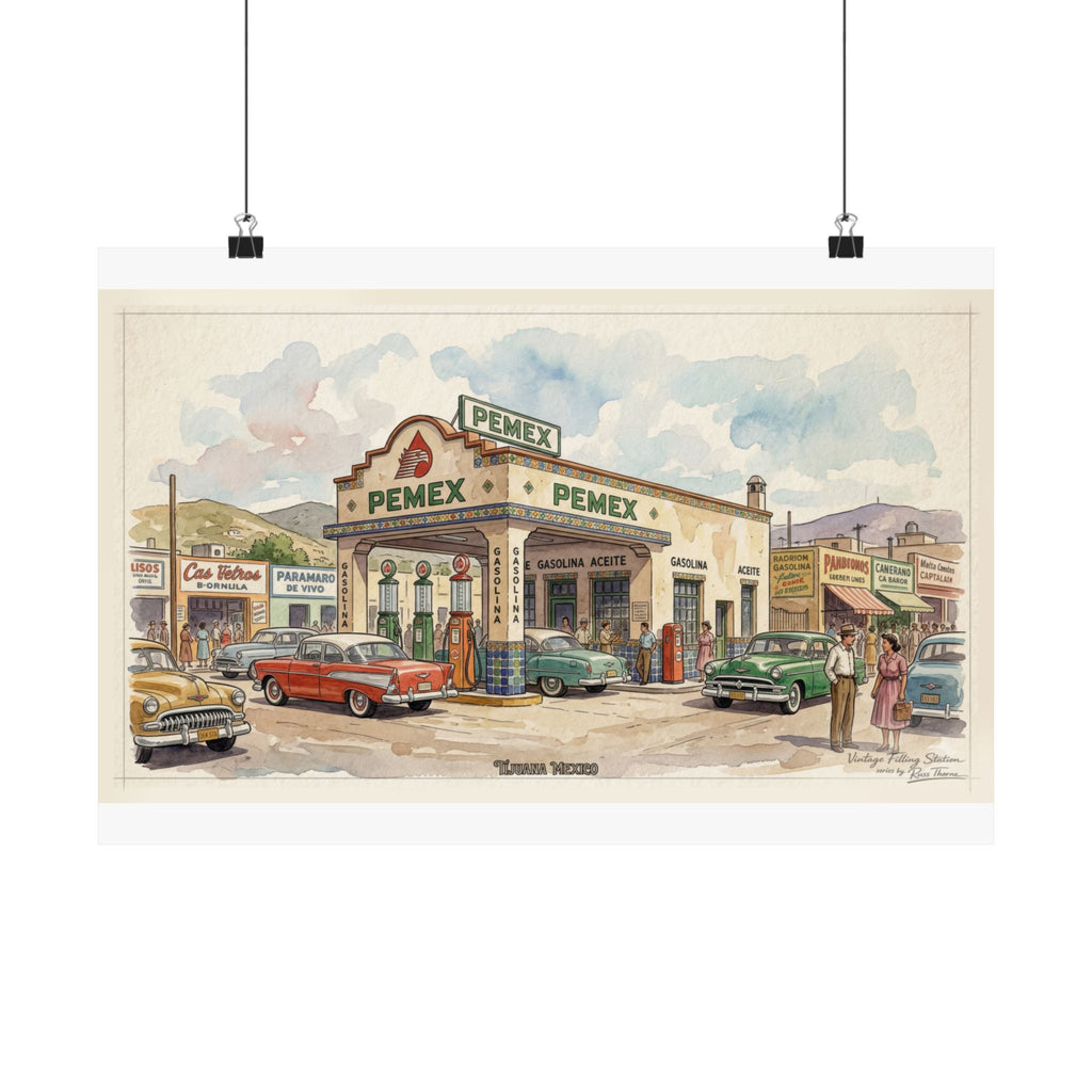 Vintage PEMEX Gas Station Poster — Retro Mexican Roadside Art (Matte Horizontal)