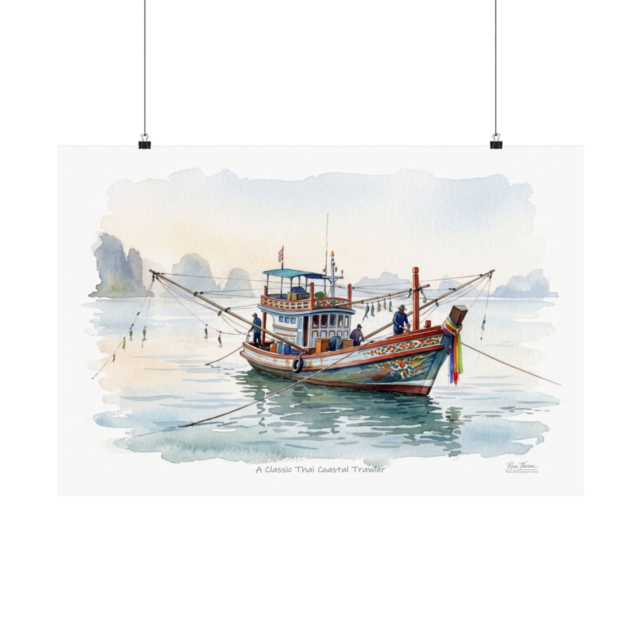 Classic Thai Coastal Trawler Watercolor – Traditional Thailand Fishing Boat Art Print