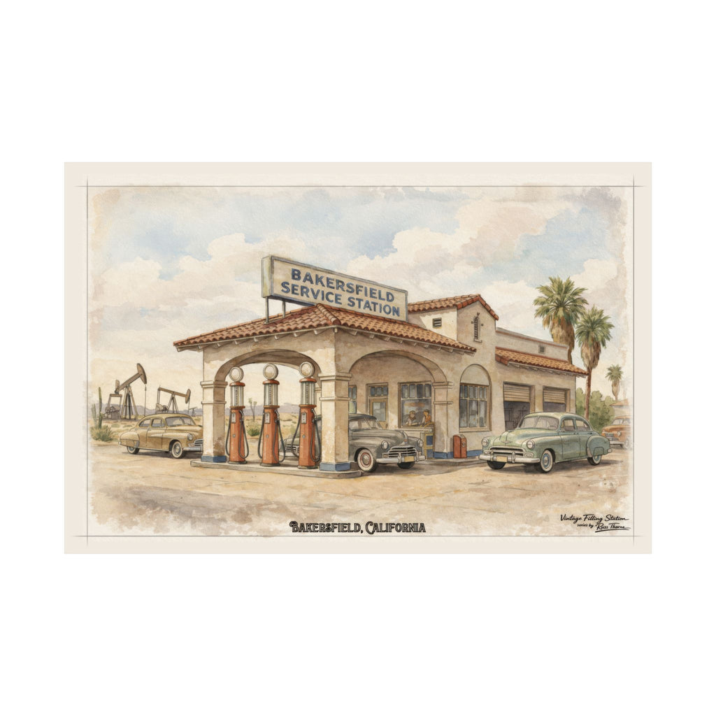 Bakersfield Service Station Vintage Poster — Matte Horizontal Retro Gas Station Wall Art