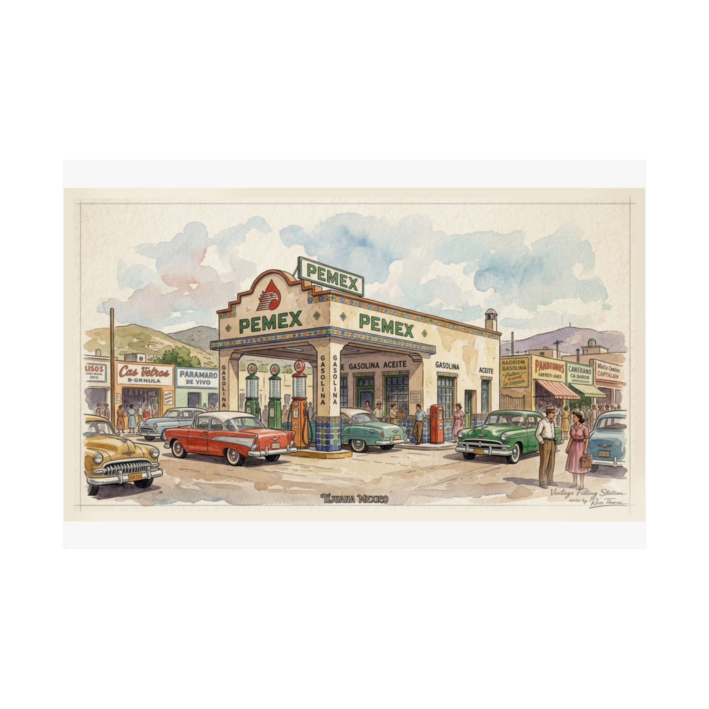 Vintage PEMEX Gas Station Poster — Retro Mexican Roadside Art (Matte Horizontal)