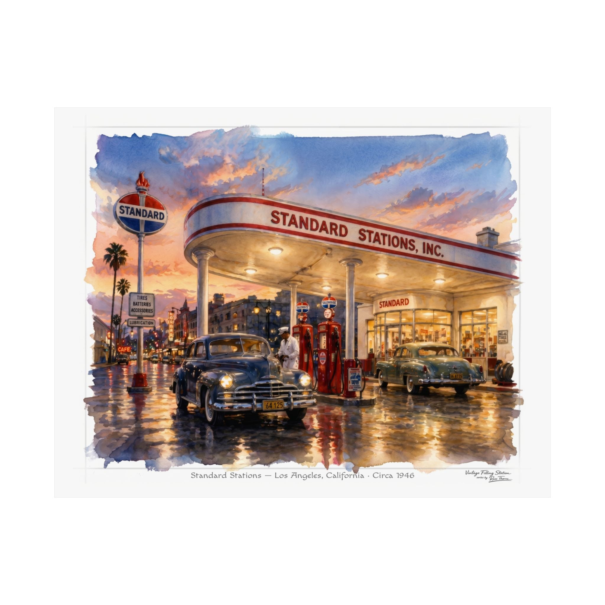 Standard Stations at Dusk — Los Angeles, California · Circa 1948