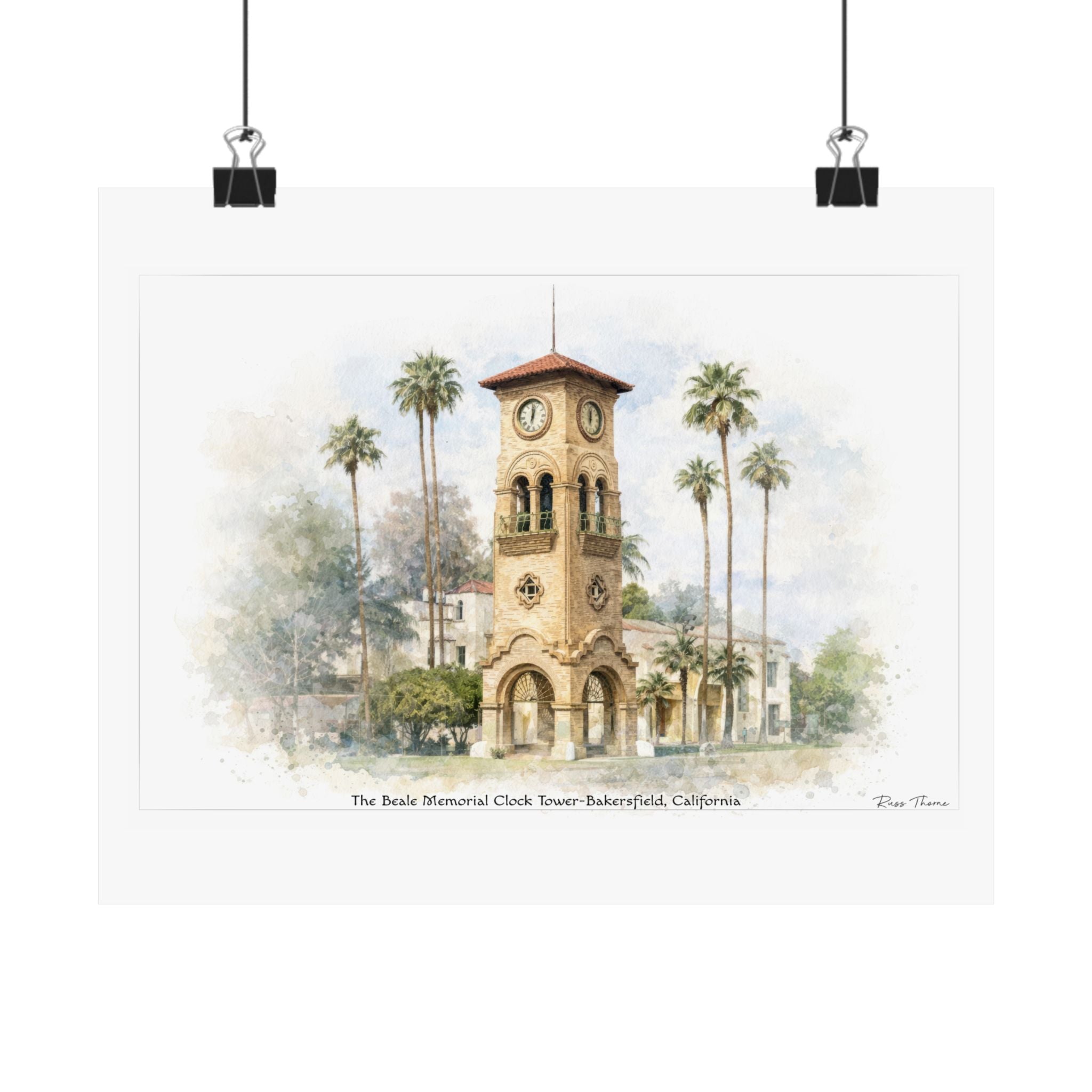 Timeless Sentinel of Bakersfield – Beale Memorial Clock Tower Watercolor
