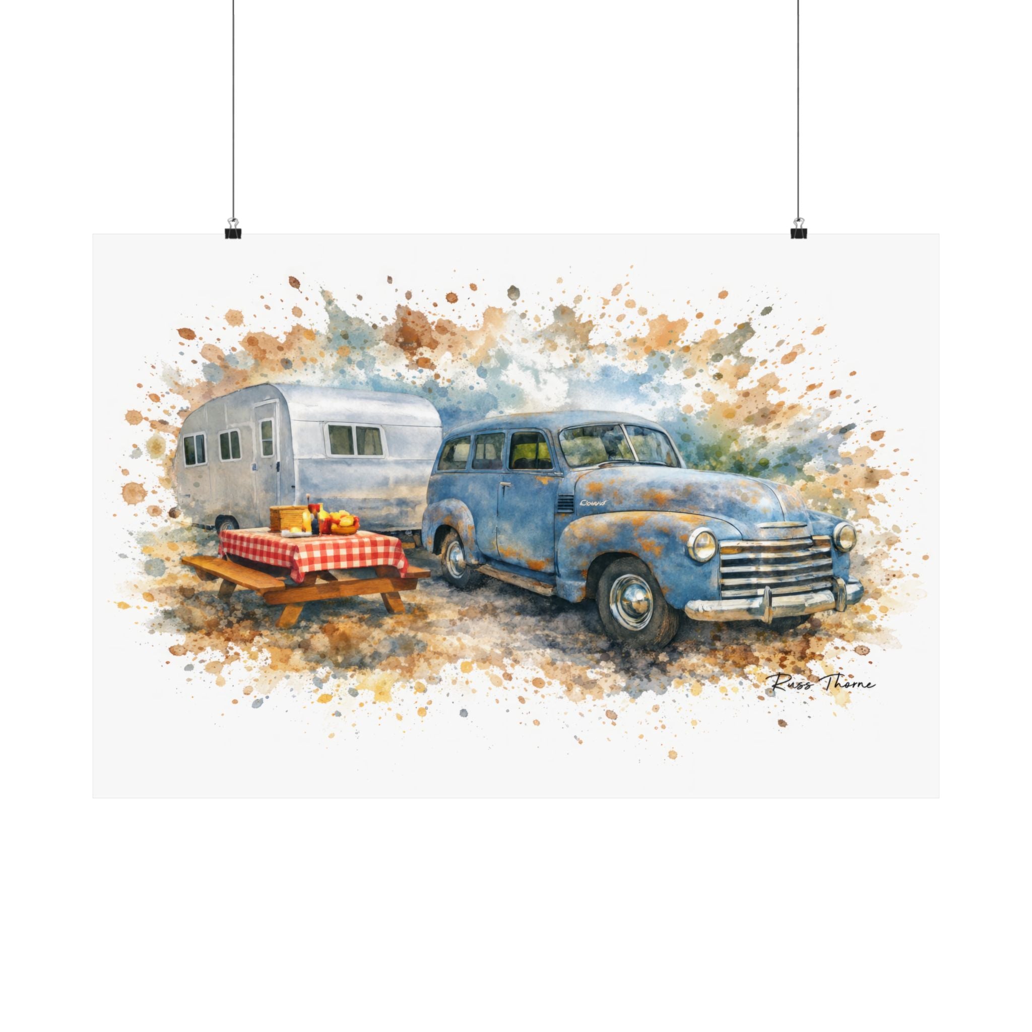 Vintage Road Trip – Blue Classic Car & Camper Adventure