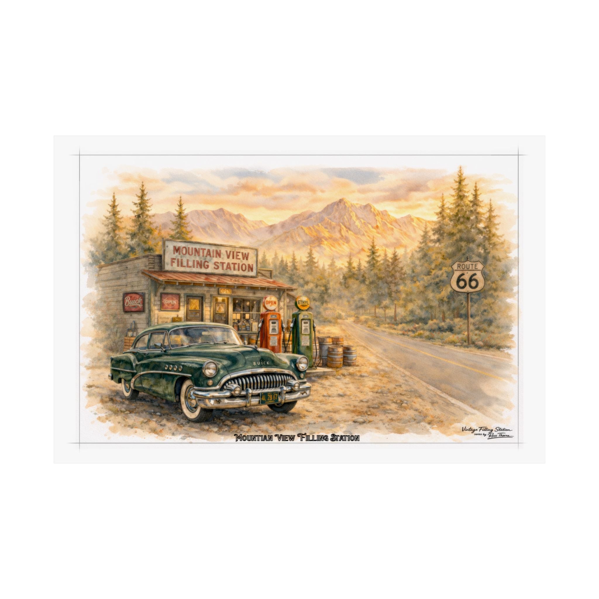 Vintage Route 66 Gas Station Poster — Classic Car 1950s Buick Roadmaster - Mountain Road Matte Horizontal Print