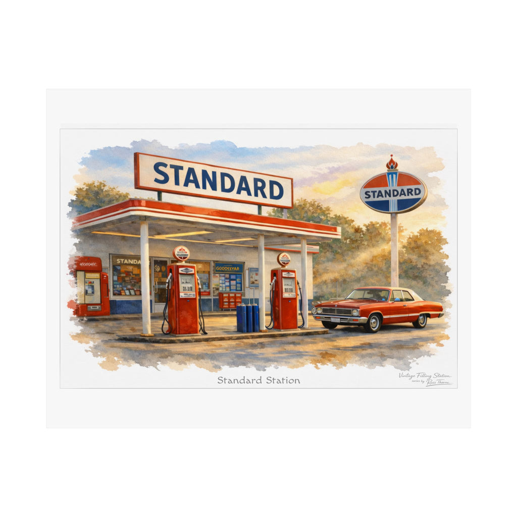 Vintage Gas Station Matte Poster — Standard Station at Golden Hour