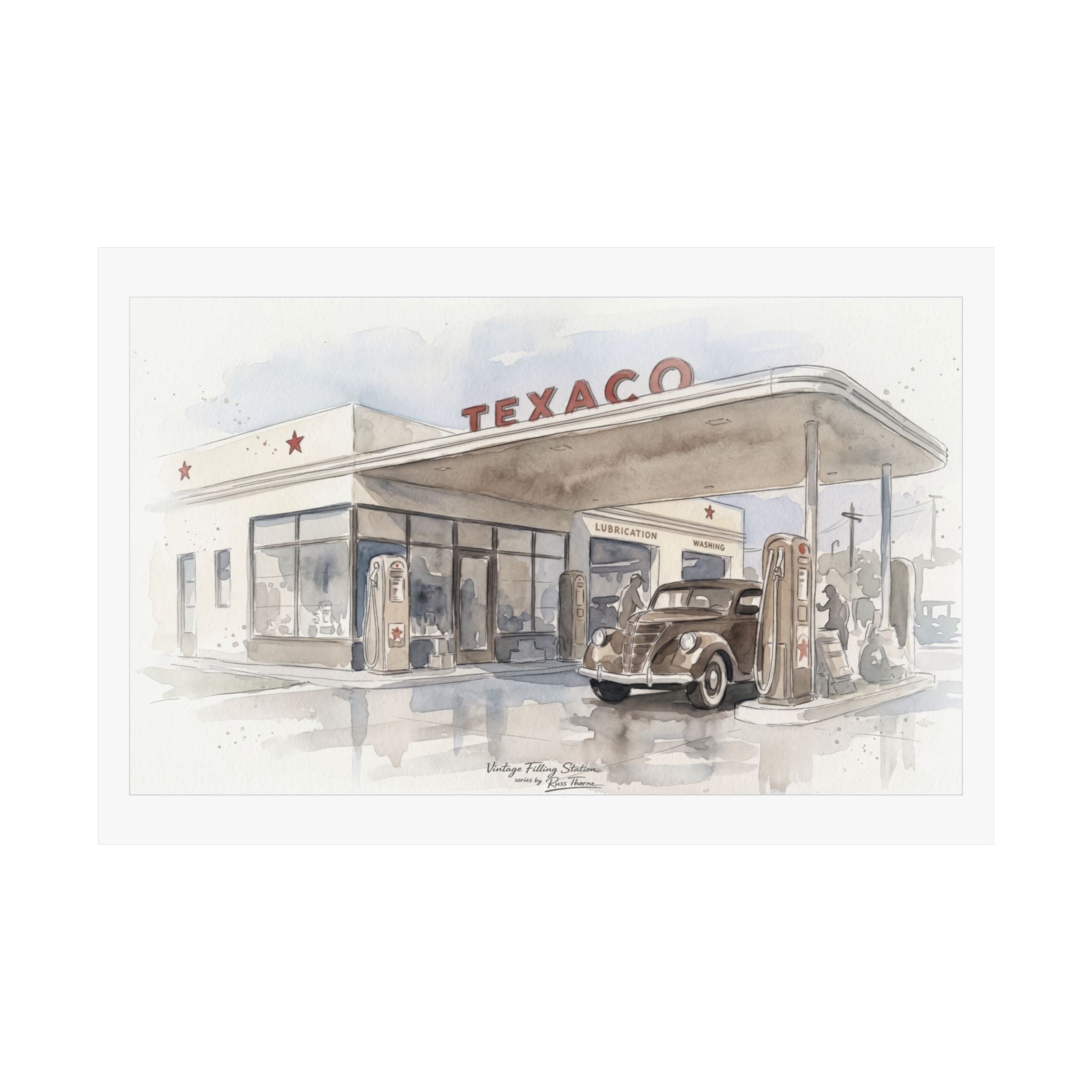 Vintage Texaco Gas Station Watercolor Print – Classic Americana Filling Station Art by Russ Thorne