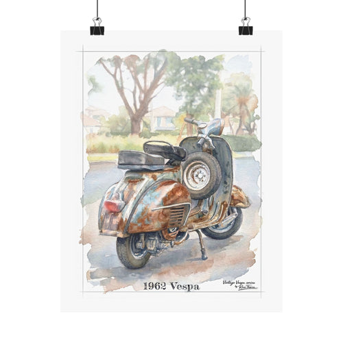 1962 Vespa Scooter Poster | Matte Vertical Poster, Vintage Watercolor Print