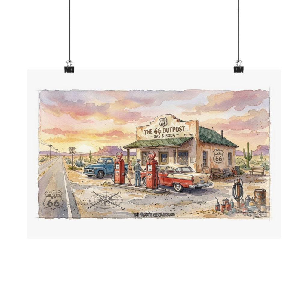 Route 66 Vintage Gas Station Poster — Matte Horizontal Wall Art