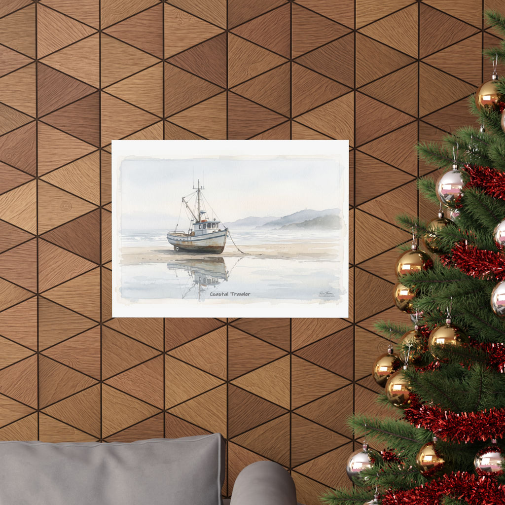 Coastal Trawler – Quiet Harbor Watercolor Art Print