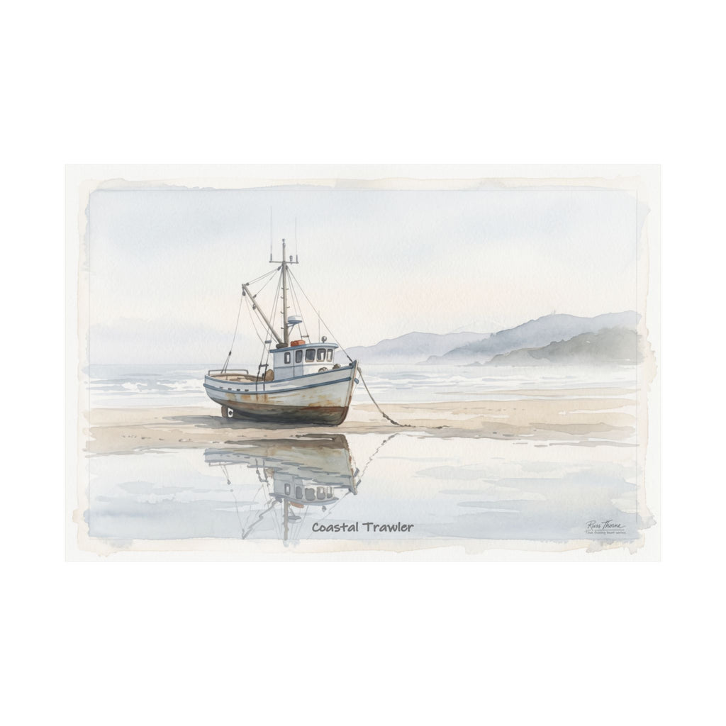 Coastal Trawler – Quiet Harbor Watercolor Art Print