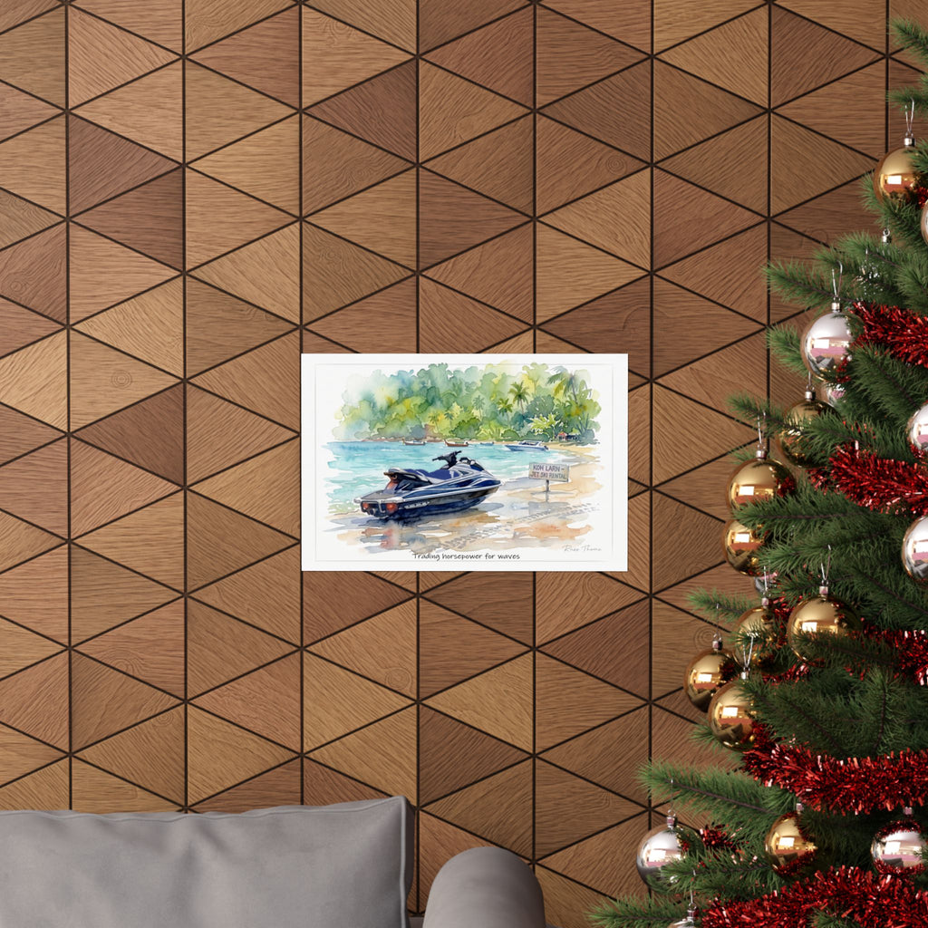 Koh Larn Jet Ski Beach Watercolor Poster — 'Trading Horsepower for Waves' Matte Horizontal Art Print