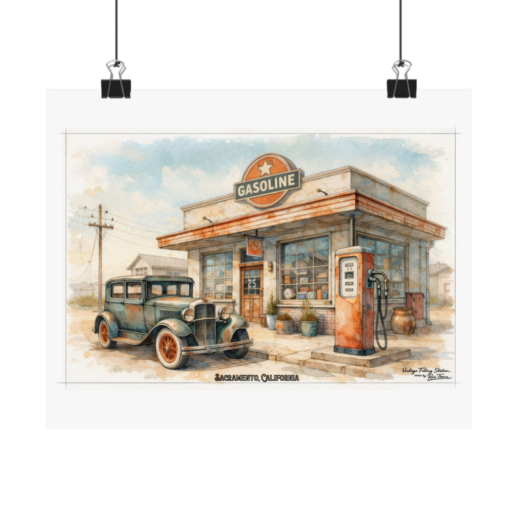 Vintage Gas Station Matte Poster — Retro Automobile Wall Art (Sacramento, California)
