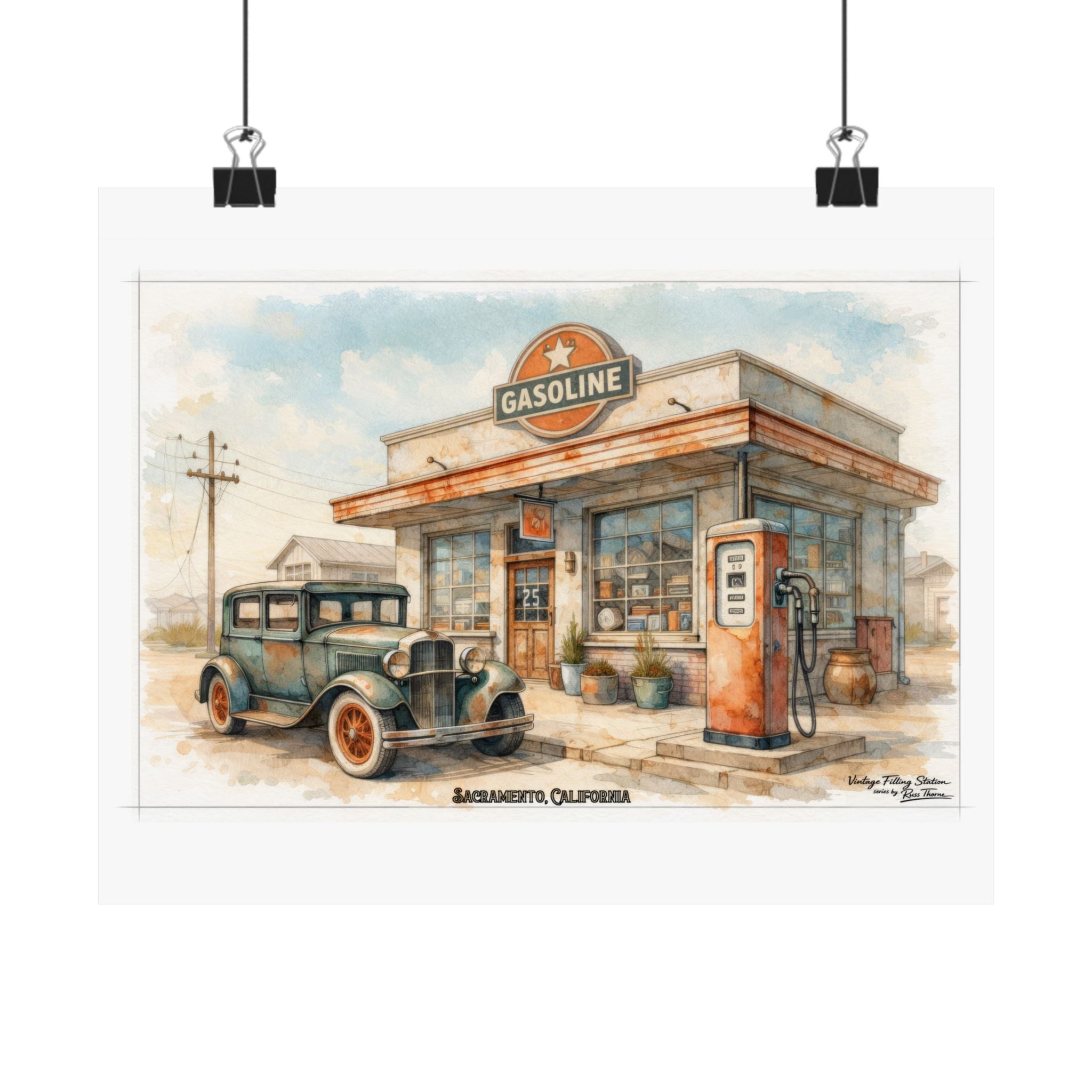 Vintage Gas Station Matte Poster — Retro Automobile Wall Art (Sacramento, California)