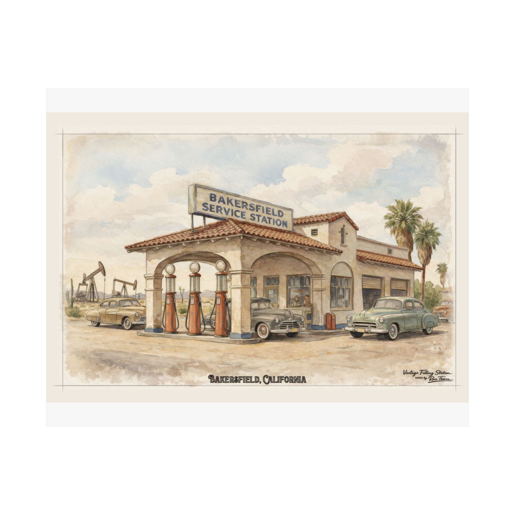 Bakersfield Service Station Vintage Poster — Matte Horizontal Retro Gas Station Wall Art