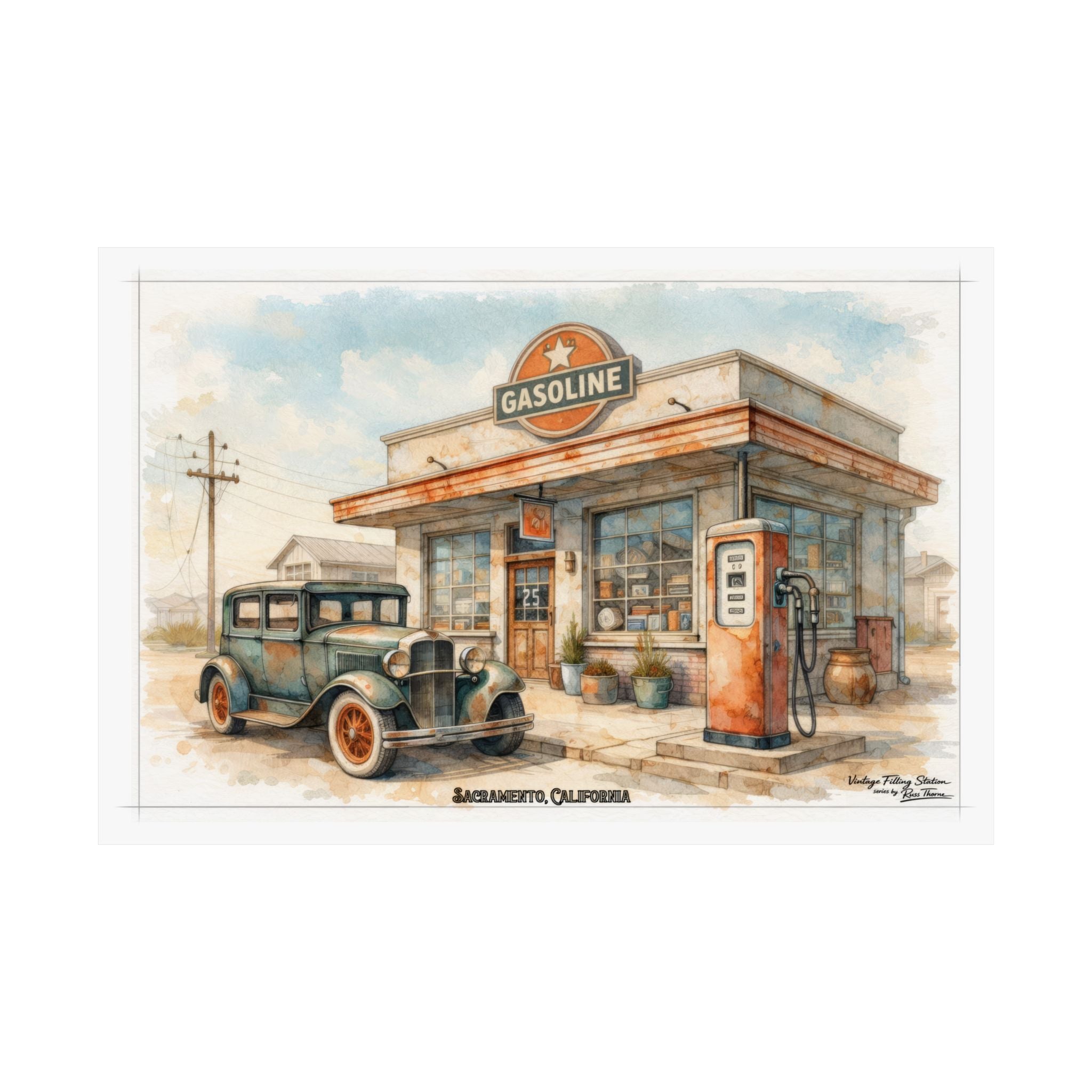 Vintage Gas Station Matte Poster — Retro Automobile Wall Art (Sacramento, California)