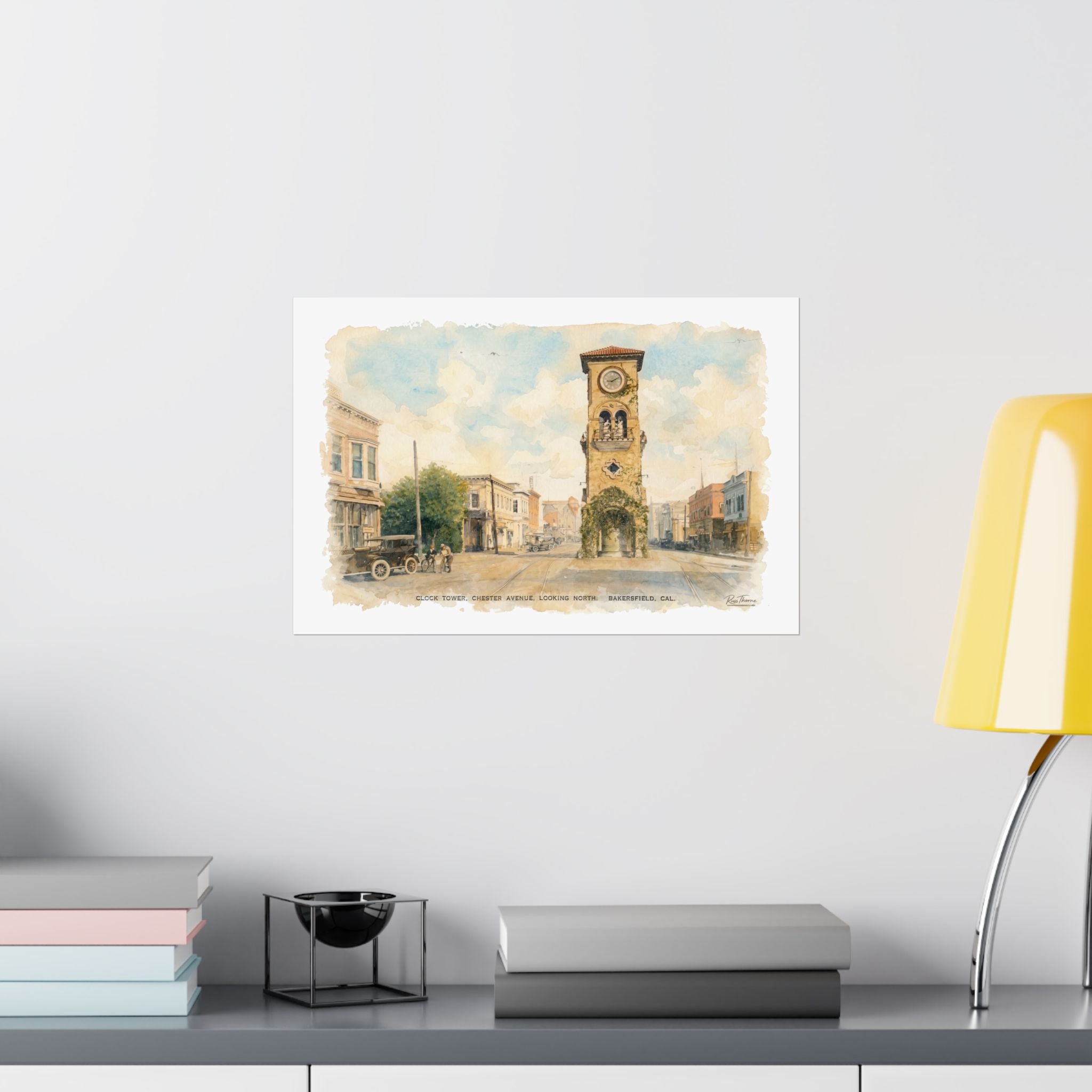 Bakersfield Clock Tower Watercolor | Vintage Architectural Art Print | Chester Avenue 1900s Street Scene