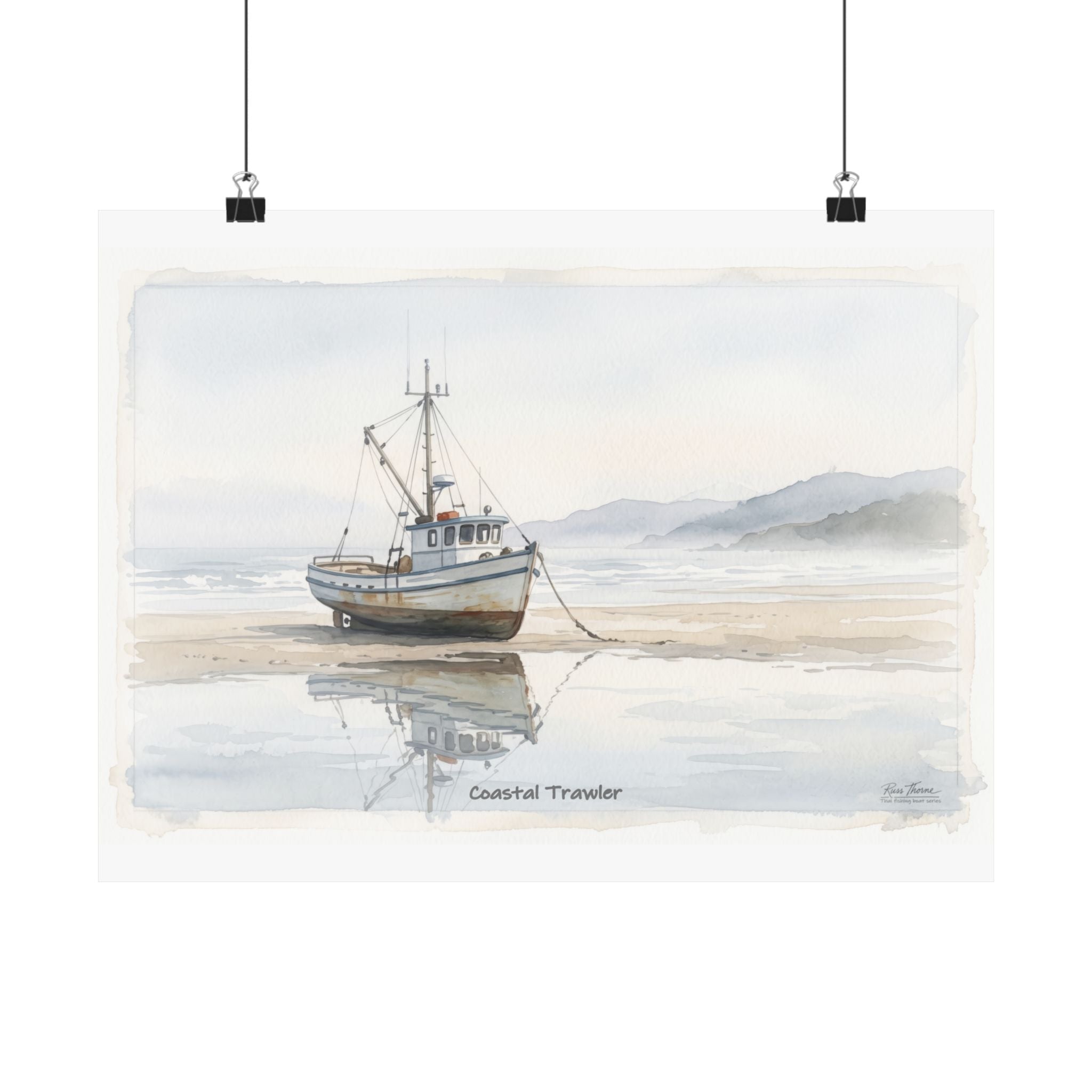 Coastal Trawler – Quiet Harbor Watercolor Art Print