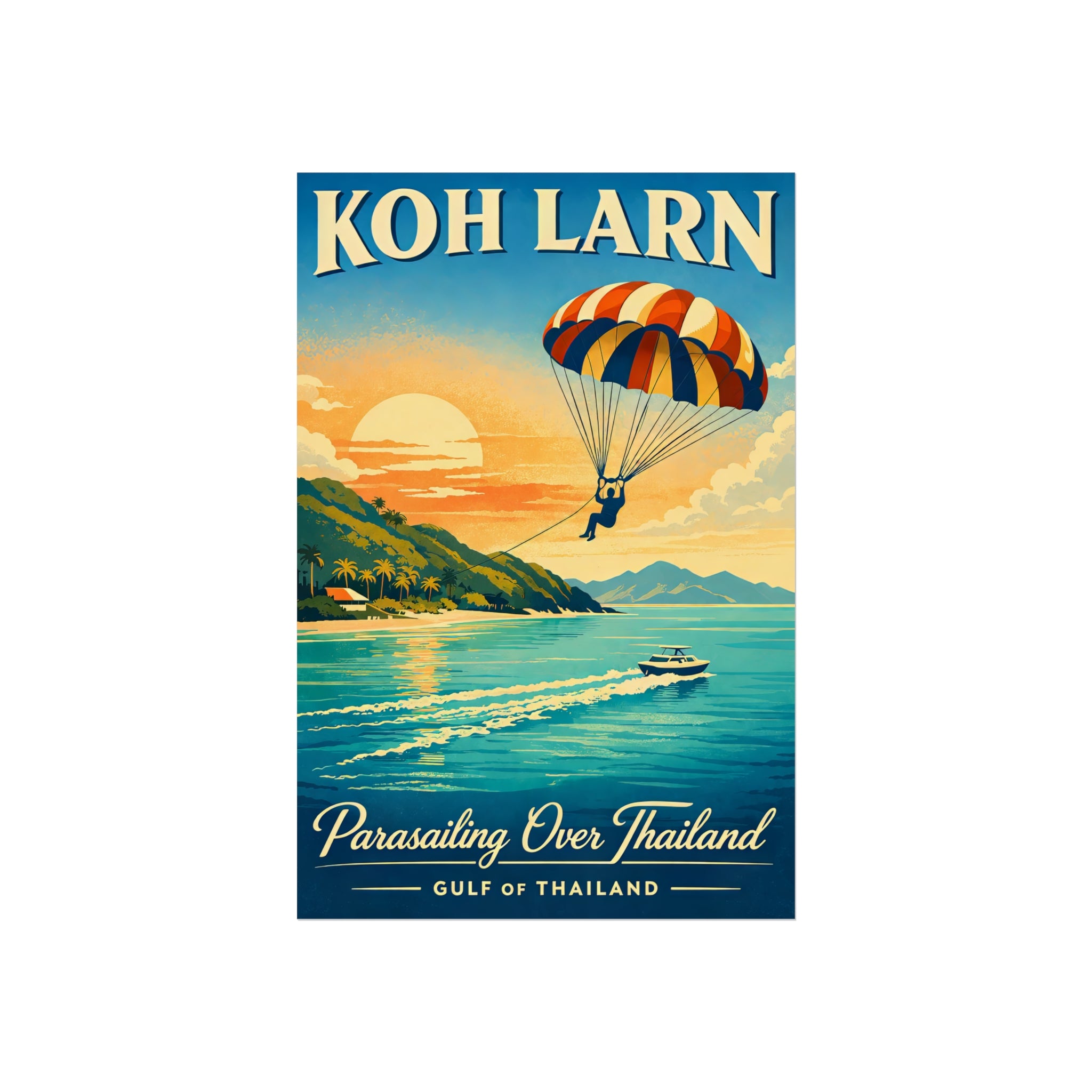Koh Larn Parasailing Over Thailand Fine Art Poster — Retro Travel Print