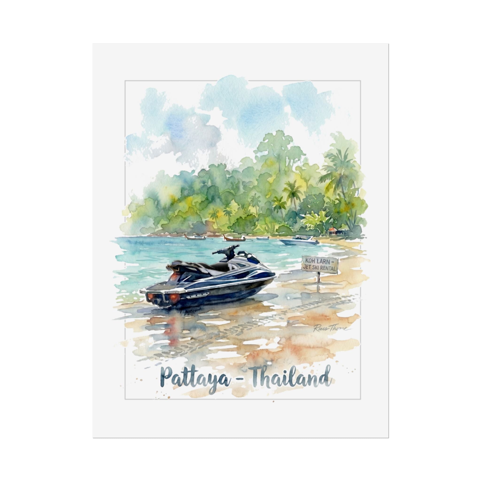 Pattaya Thailand Beach Poster — Watercolor Jet Ski Travel Wall Art (Rolled Poster)