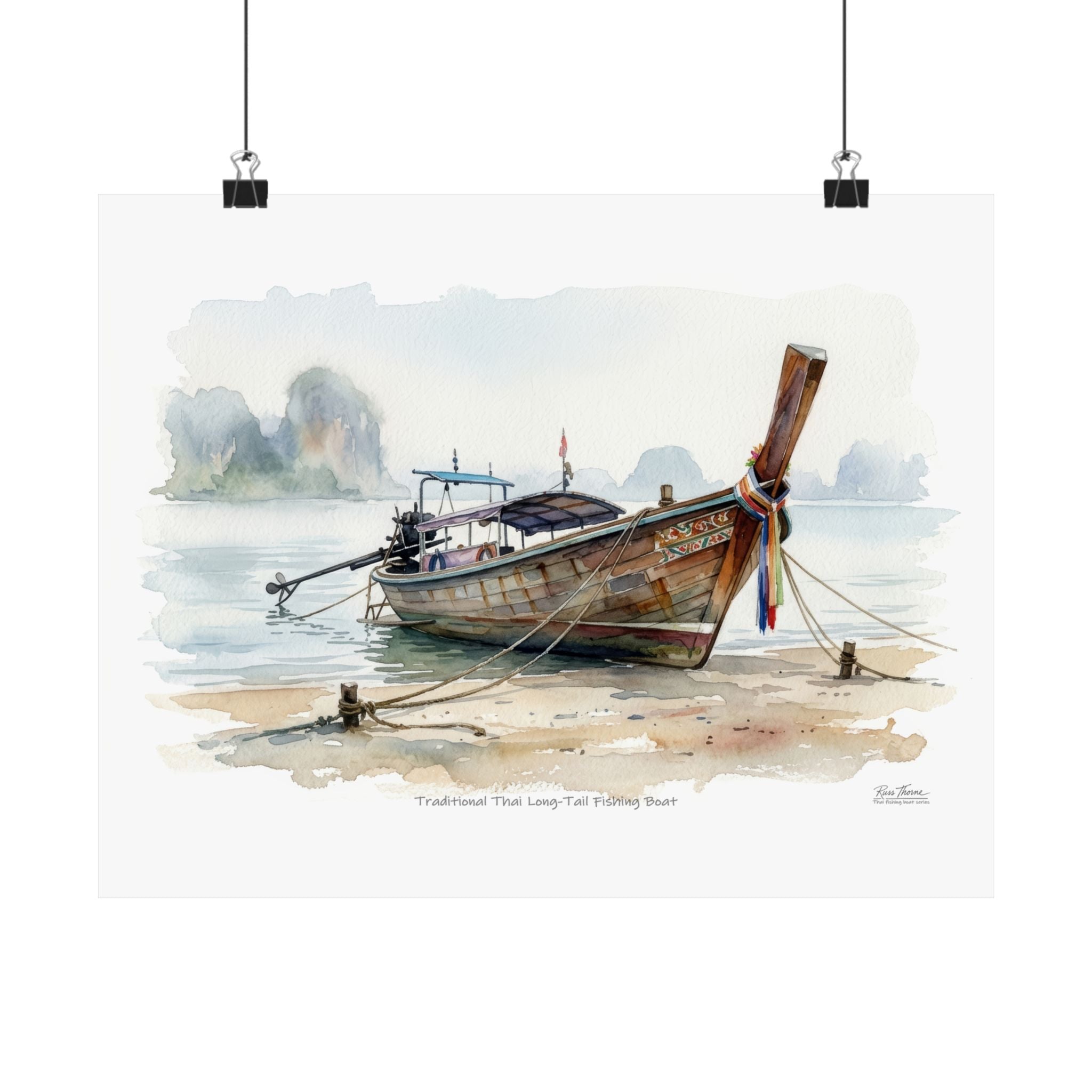 Thai Longtail Boat Watercolor – Traditional Island Fishing Boat Art Print