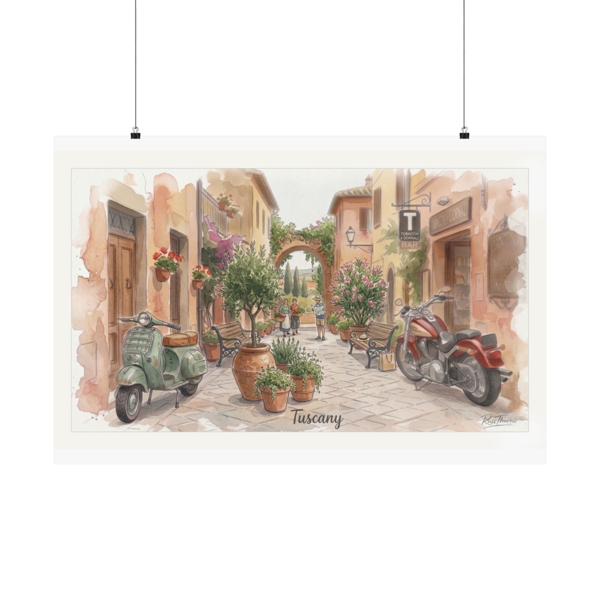 Tuscany Street Watercolor Print – Italian Village Scene with Vespa & Motorcycle by Russ Thorne